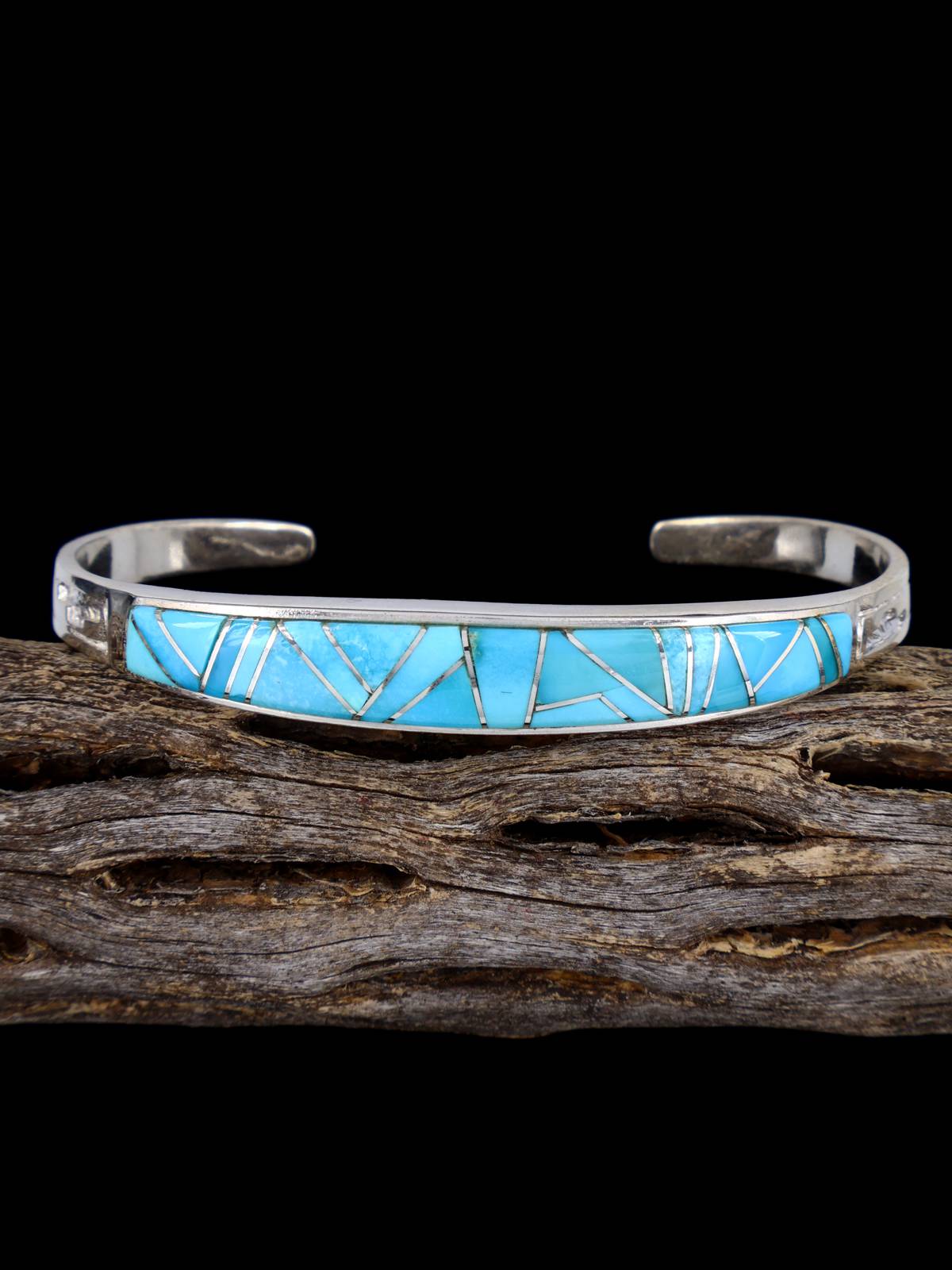 Navajo Sterling Silver Turquoise Inlay Bracelet - PuebloDirect.com