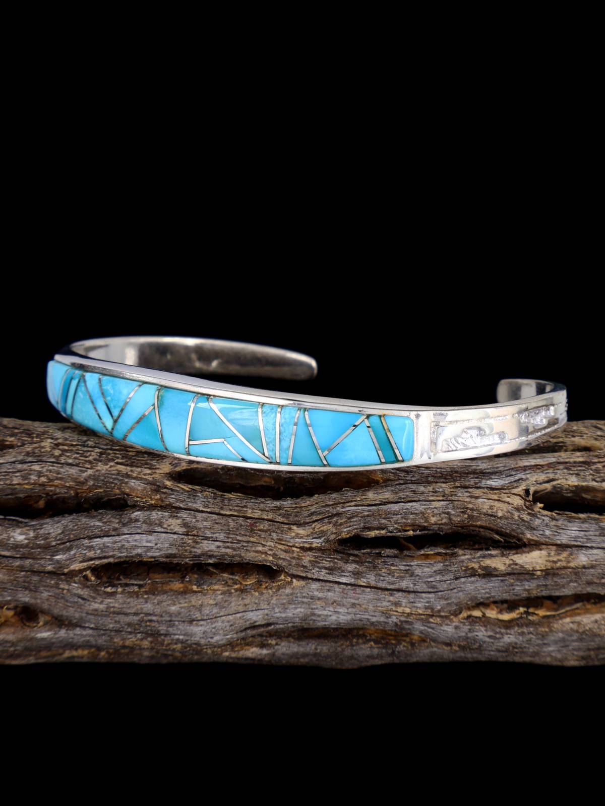 Navajo Sterling Silver Turquoise Inlay Bracelet - PuebloDirect.com