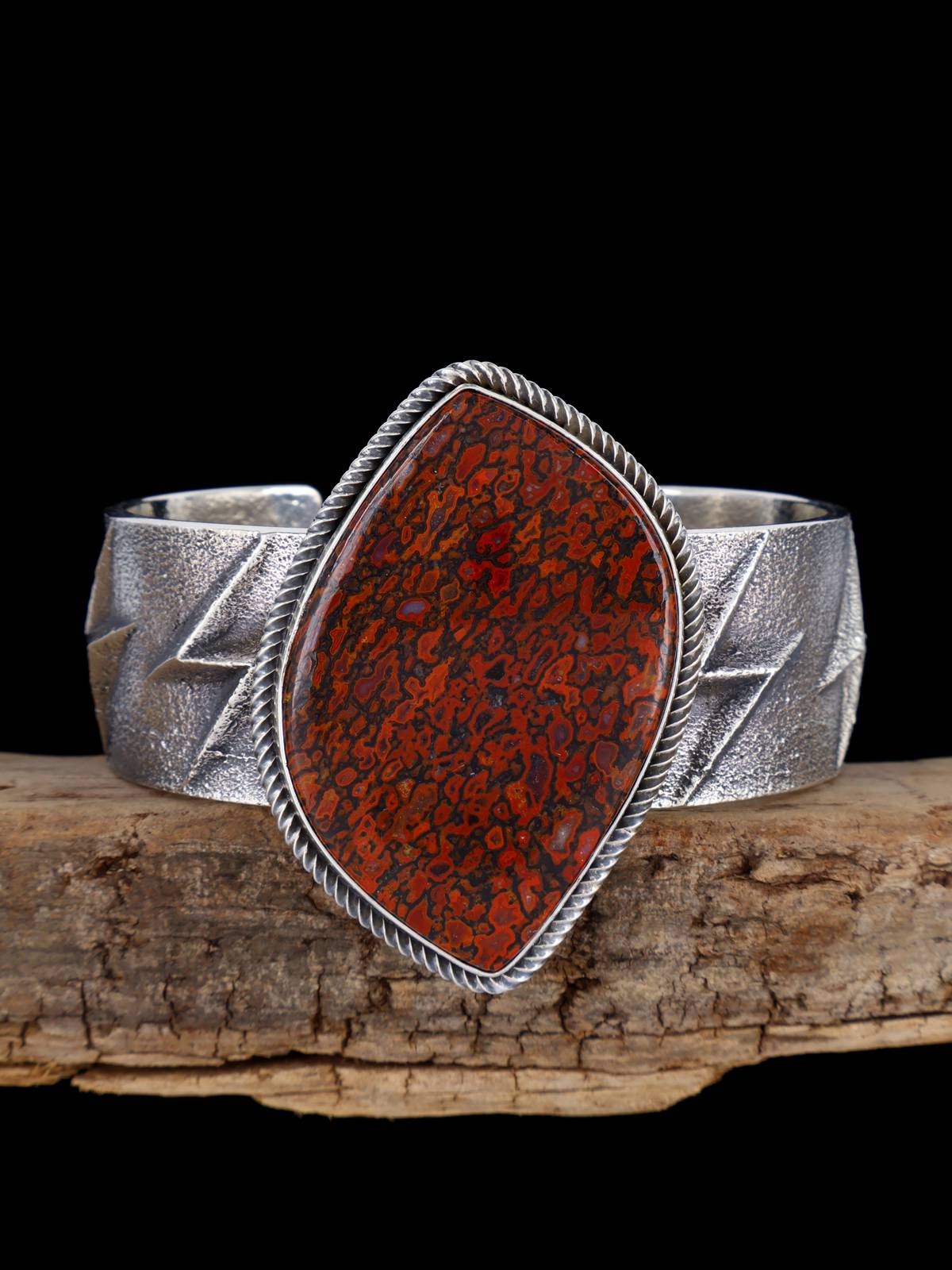 Navajo Tufa Cast Sterling Silver Gem Dinosaur Bone Cuff Bracelet - PuebloDirect.com