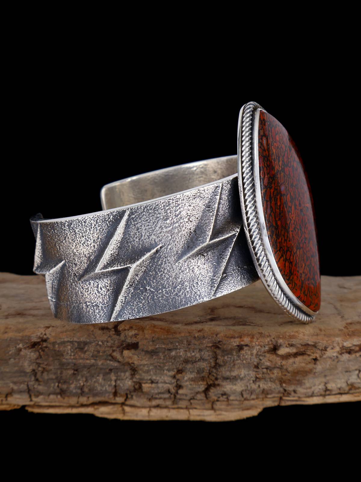 Navajo Tufa Cast Sterling Silver Gem Dinosaur Bone Cuff Bracelet - PuebloDirect.com