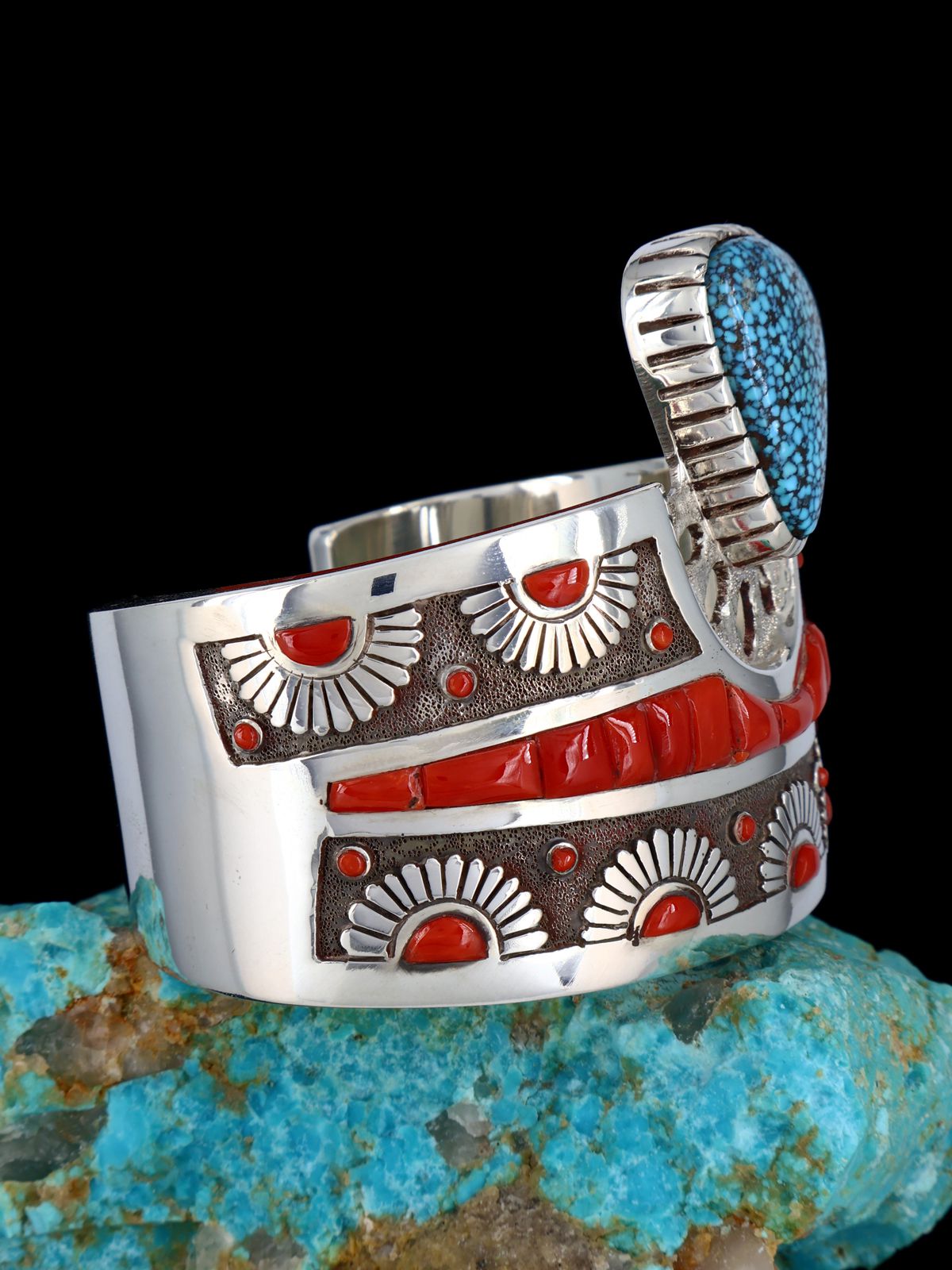 Native American Sterling Silver Kingman Turquoise and Coral Inlay Cuff Bracelet - PuebloDirect.com