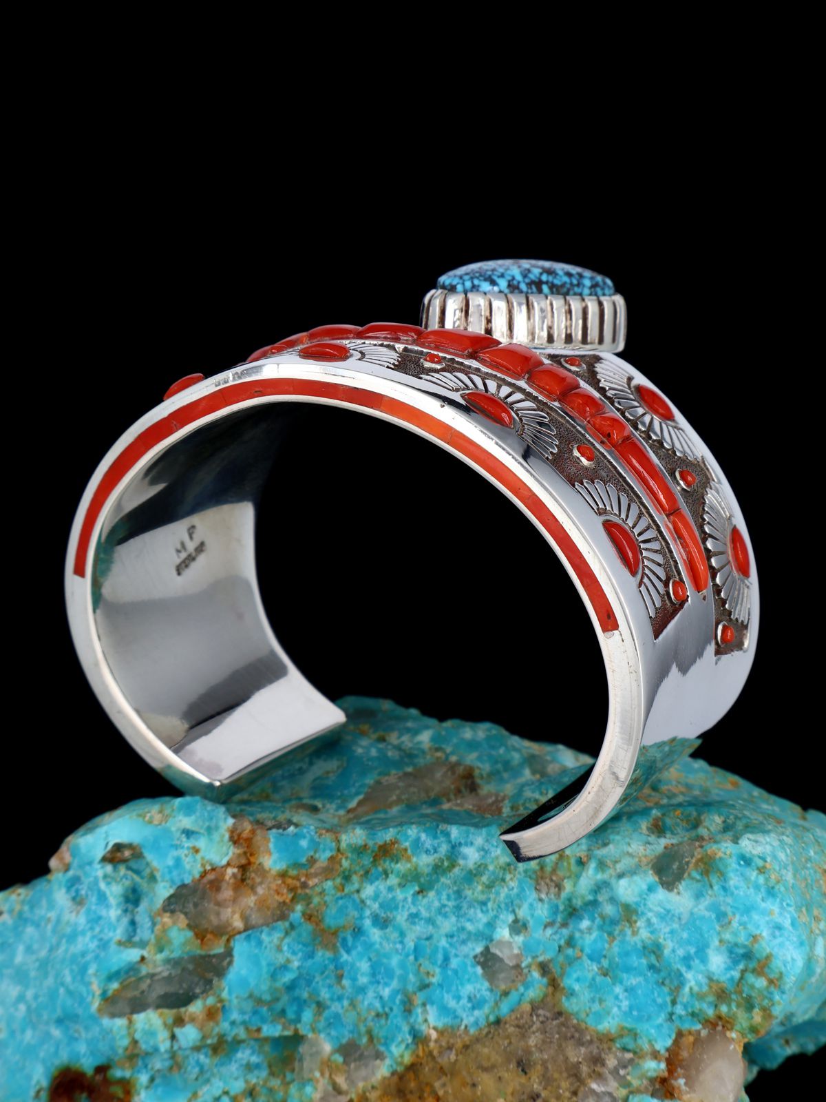 Native American Sterling Silver Kingman Turquoise and Coral Inlay Cuff Bracelet - PuebloDirect.com