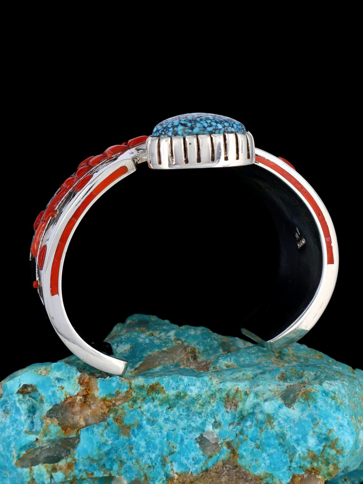 Native American Sterling Silver Kingman Turquoise and Coral Inlay Cuff Bracelet - PuebloDirect.com