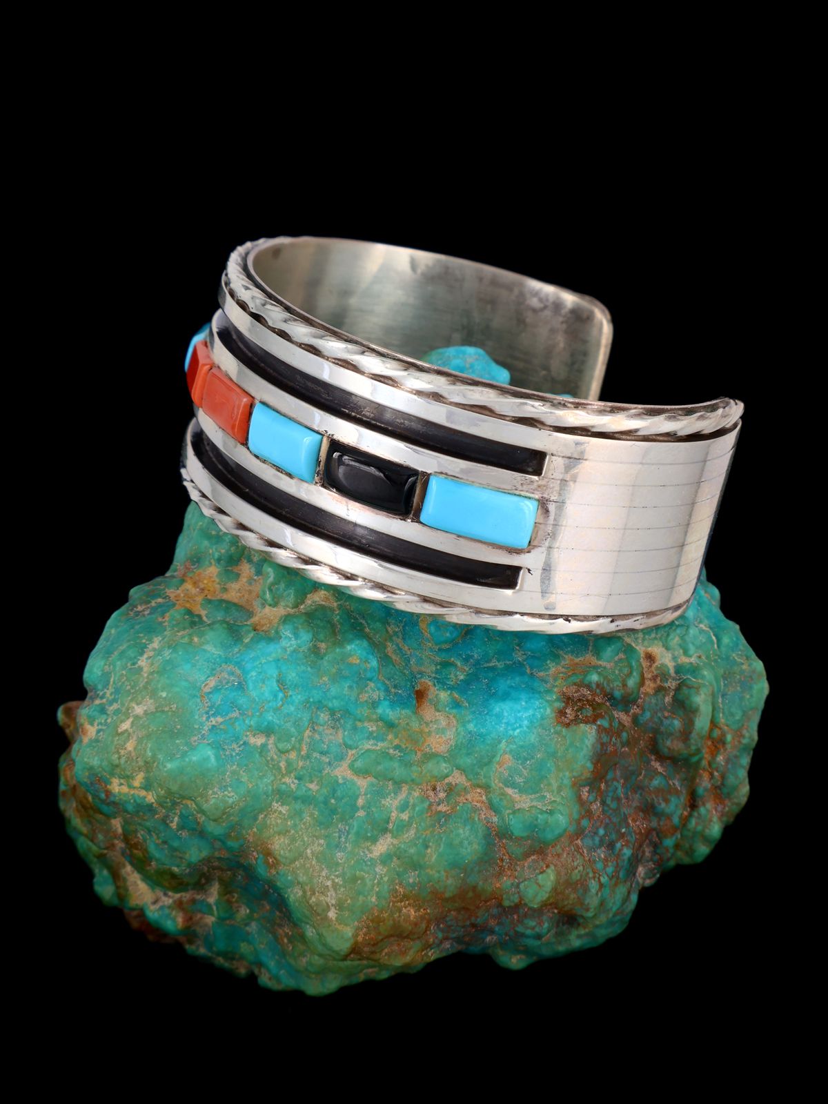 Estate Vintage Native American Sterling Silver Inlay Cuff Bracelet - PuebloDirect.com