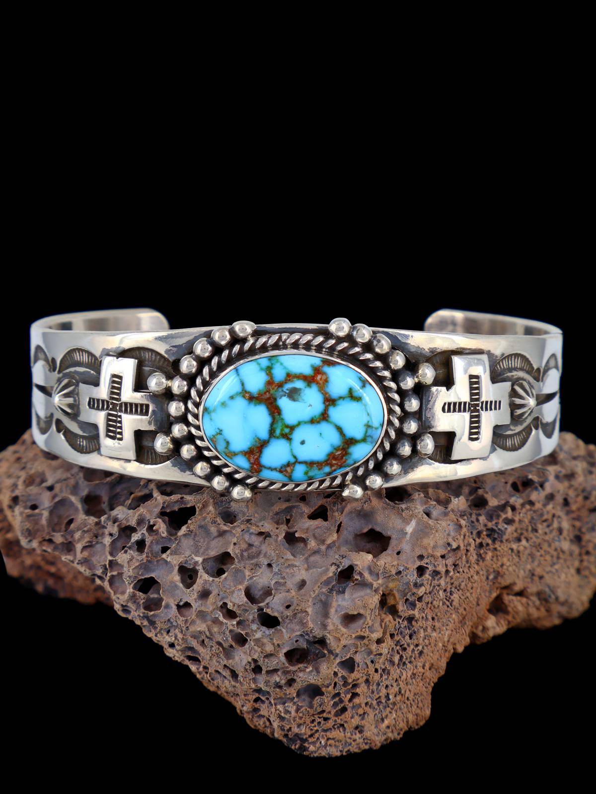 Pulsera de puño turquesa Golden Hill de plata de ley nativa americana
