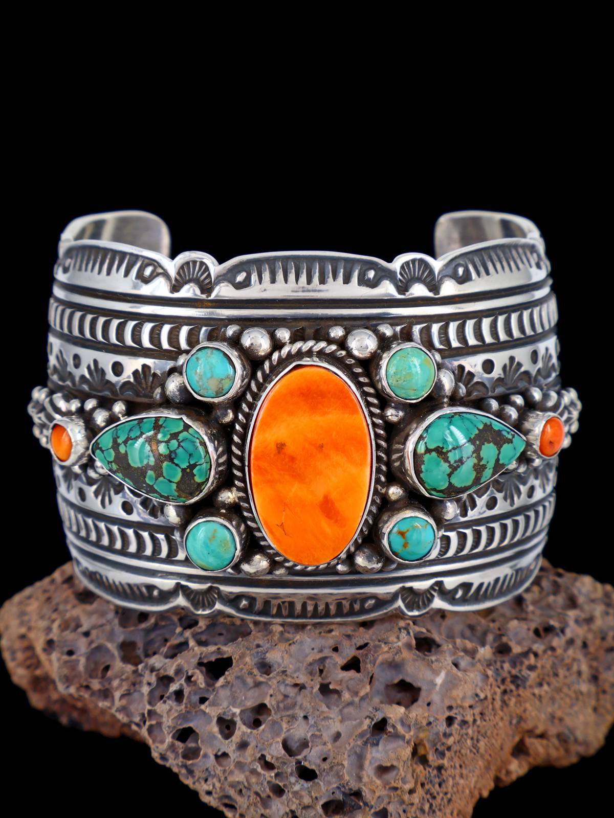 Navajo Sterling Silver Spiny Oyster and Hubei Turquoise Cuff Bracelet