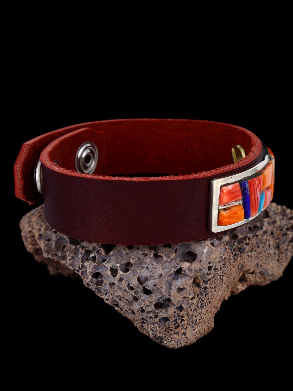 Pulsera de cuero de ostra espinosa y turquesa con incrustaciones de nativos americanos