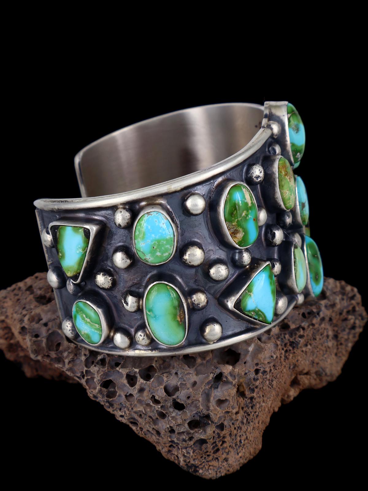 Navajo Sonoran Gold Turquoise Cluster Sterling Silver Cuff Bracelet - PuebloDirect.com