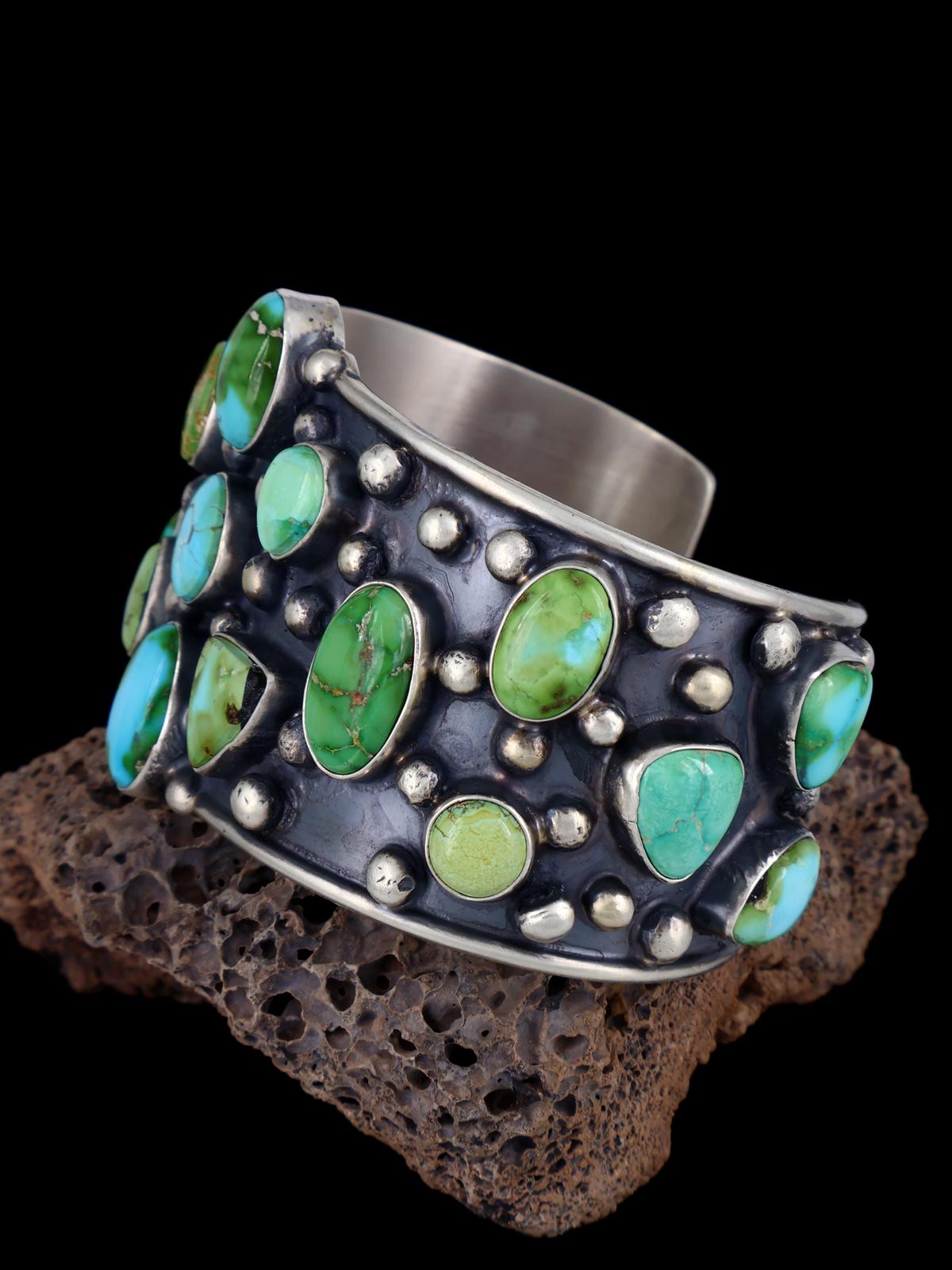 Navajo Sonoran Gold Turquoise Cluster Sterling Silver Cuff Bracelet - PuebloDirect.com