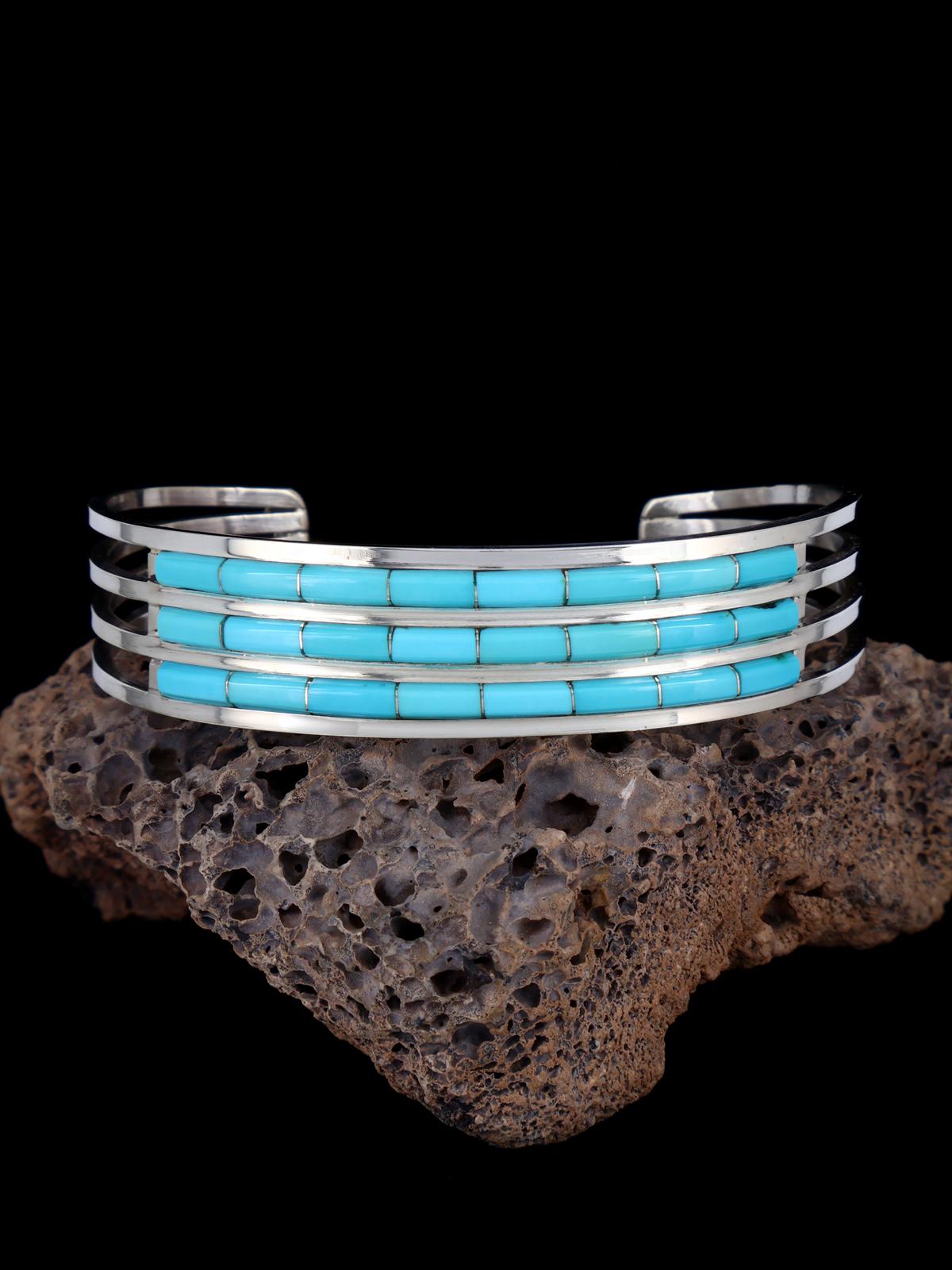 Native American Zuni Triple Row Turquoise Inlay Bracelet