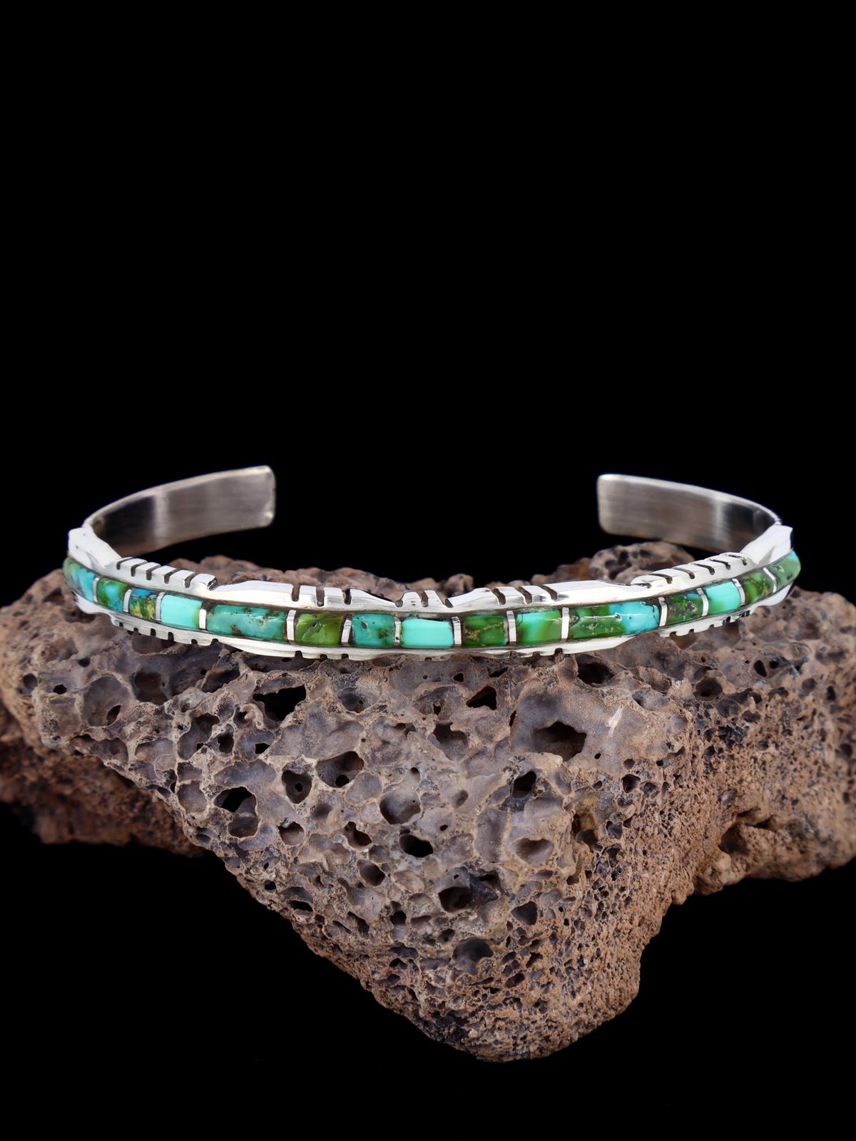 Single Row Sterling Silver Zuni Turquoise Inlay Bracelet