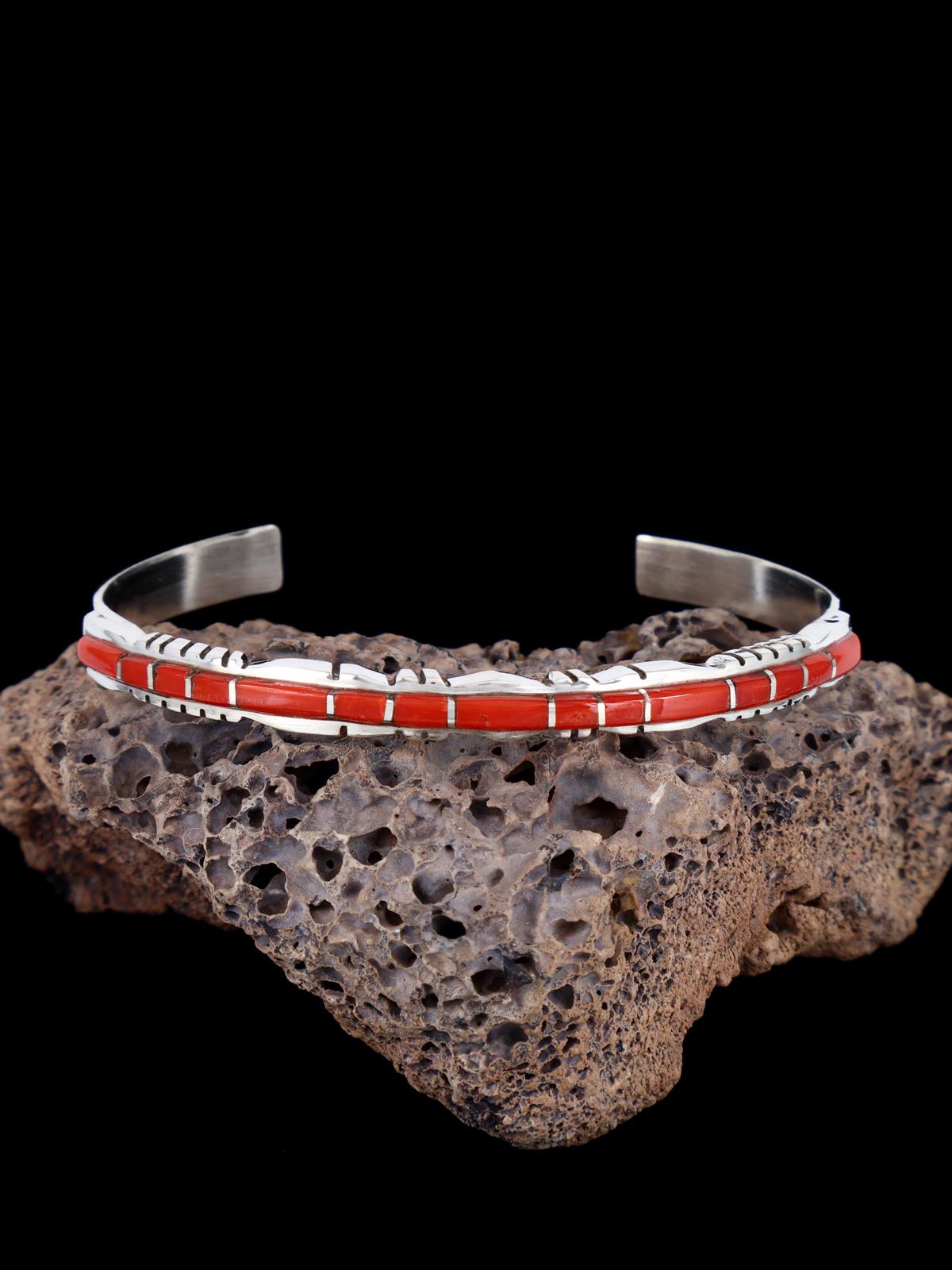 Single Row Sterling Silver Zuni Coral Inlay Bracelet