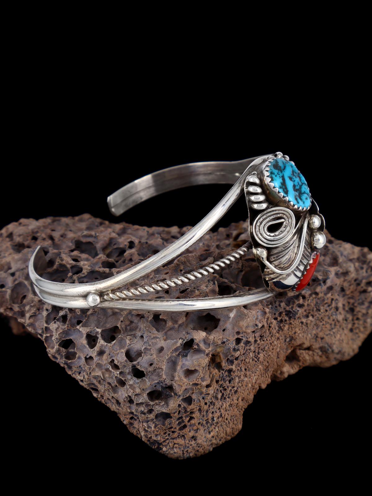Bracelet manchette amérindien en argent sterling turquoise et corail