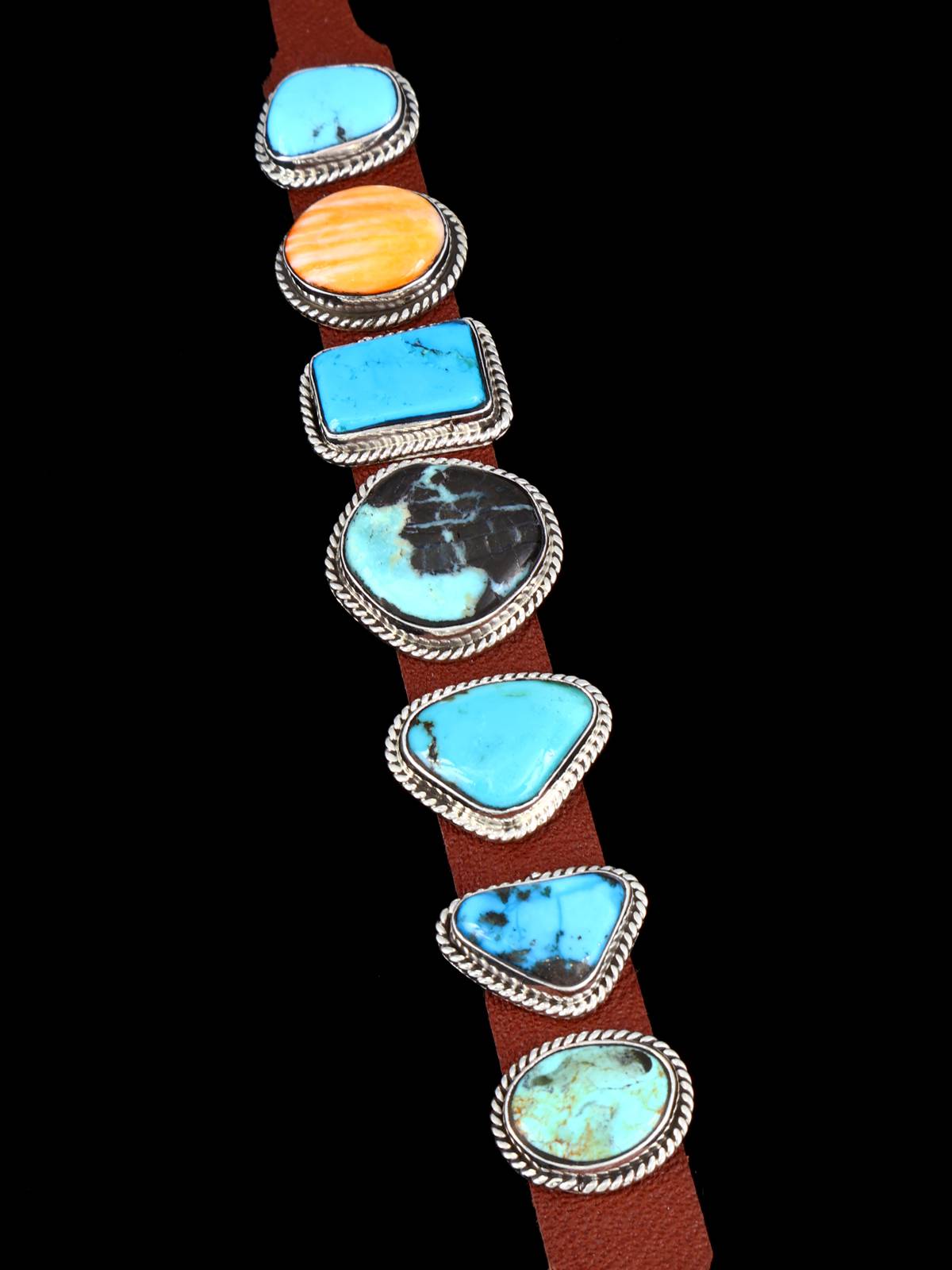 Native American Turquoise and Spiny Oyster Leather Band Bracelet