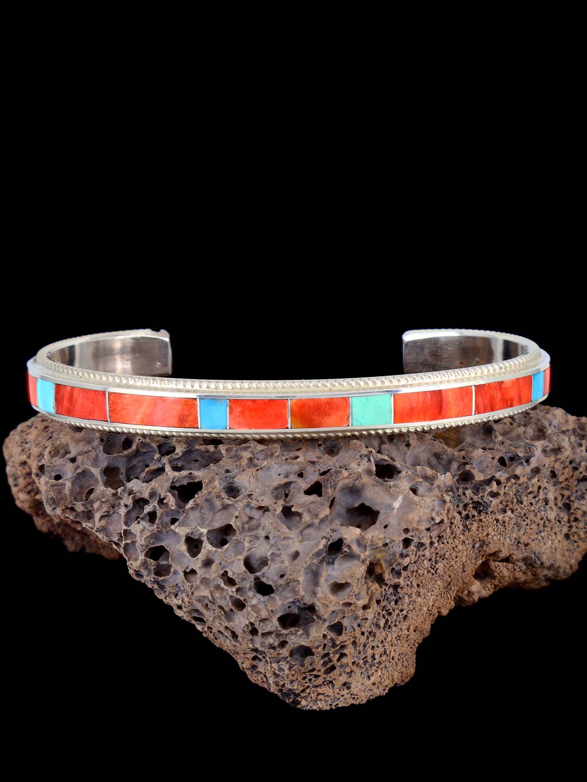Sterling Silver Zuni Spiny Oyster and Turquoise Inlay Cuff Bracelet