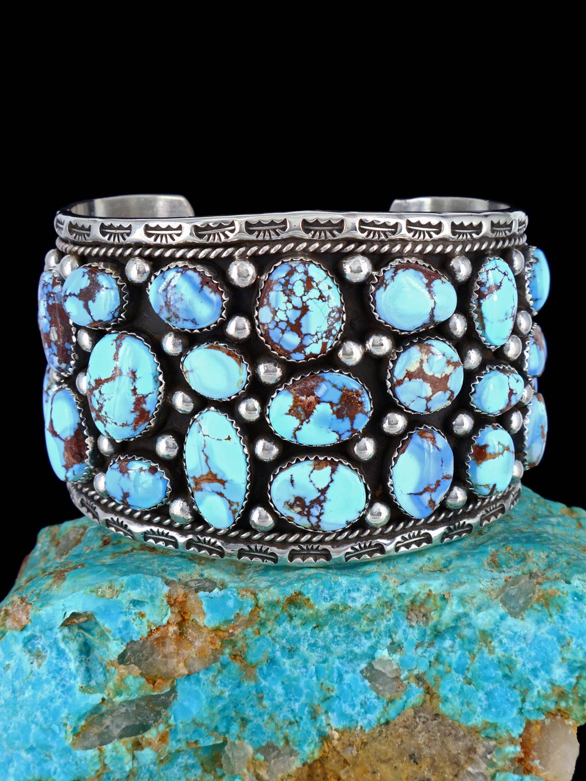 Navajo Natural Golden Hill Turquoise Cluster Sterling Silver Cuff Bracelet