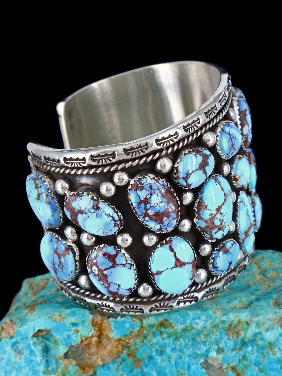 Navajo Natural Golden Hill Turquoise Cluster Sterling Silver Cuff Bracelet