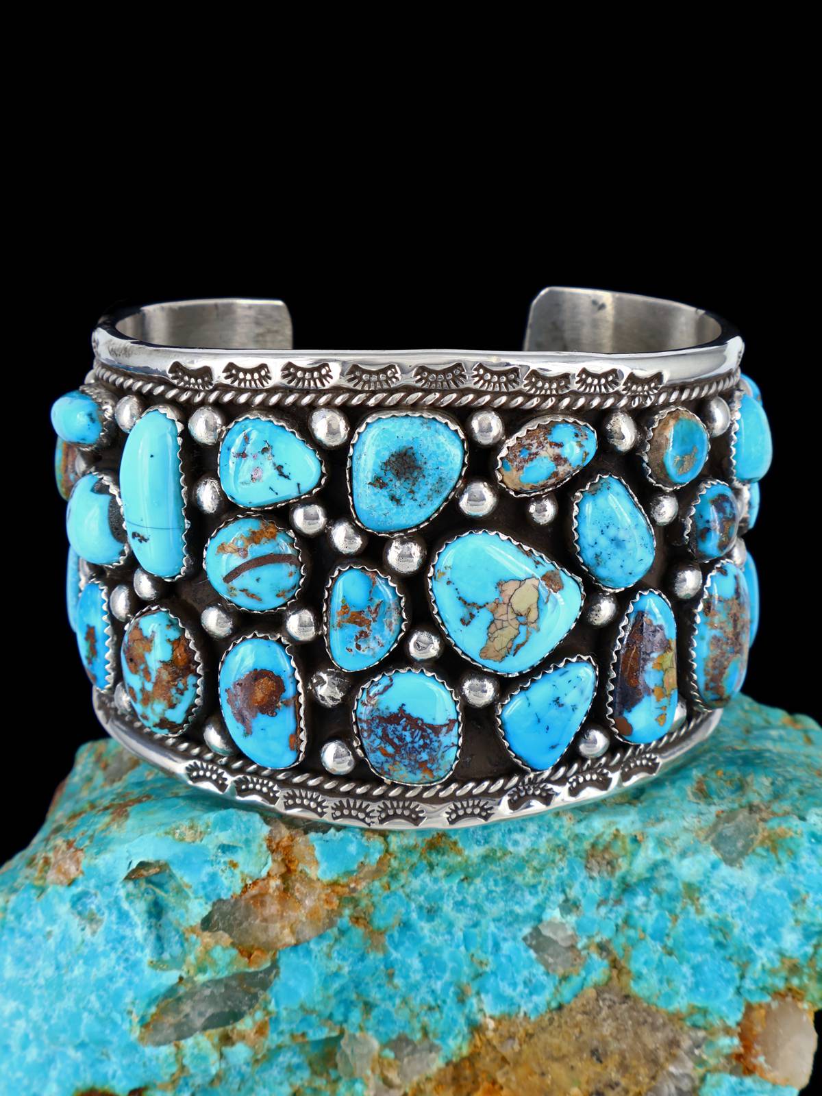 Navajo Kingman Turquoise Cluster Sterling Silver Cuff Bracelet