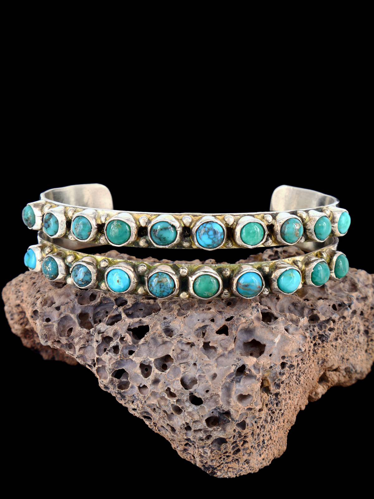 Navajo Sterling Silver Double Row Turquoise Cuff Bracelet - PuebloDirect.com