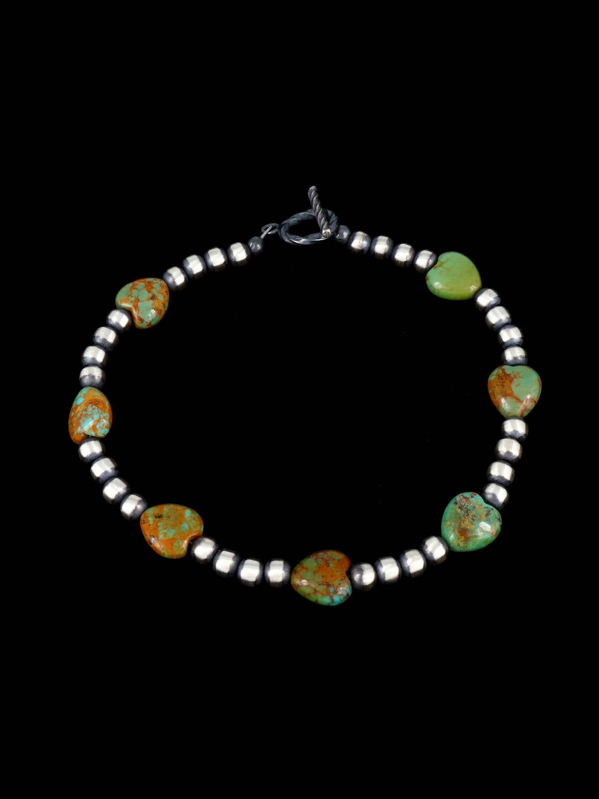 Native American Jewelry Turquoise Heart and Silver Beaded Bracelet