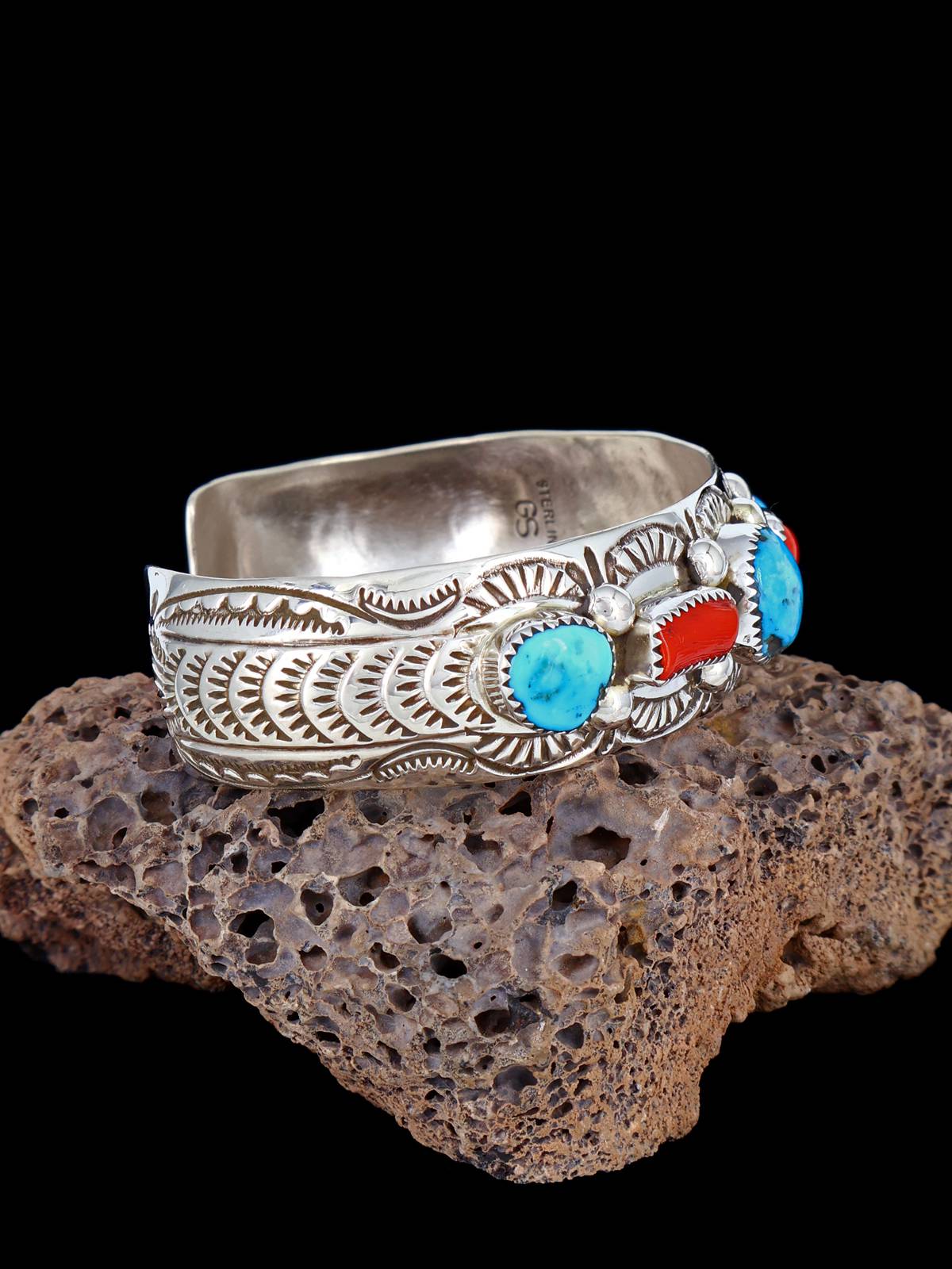 Native American Sterling Silver Turquoise and Coral Cuff Bracelet