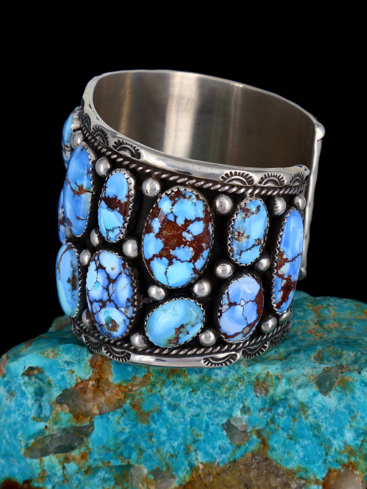 Navajo Natural Golden Hill Turquoise Cluster Sterling Silver Cuff Bracelet