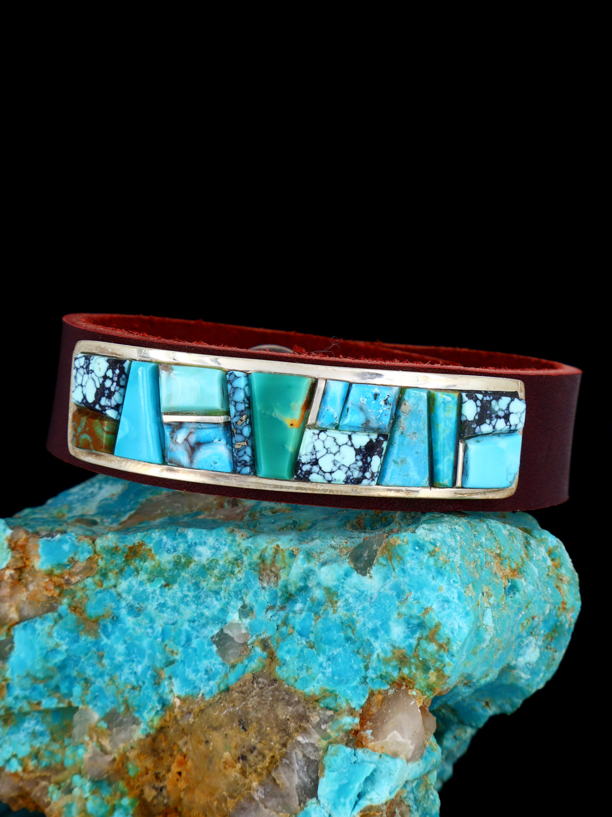 Native American Cobblestone Inlay Turquoise Leather Bracelet