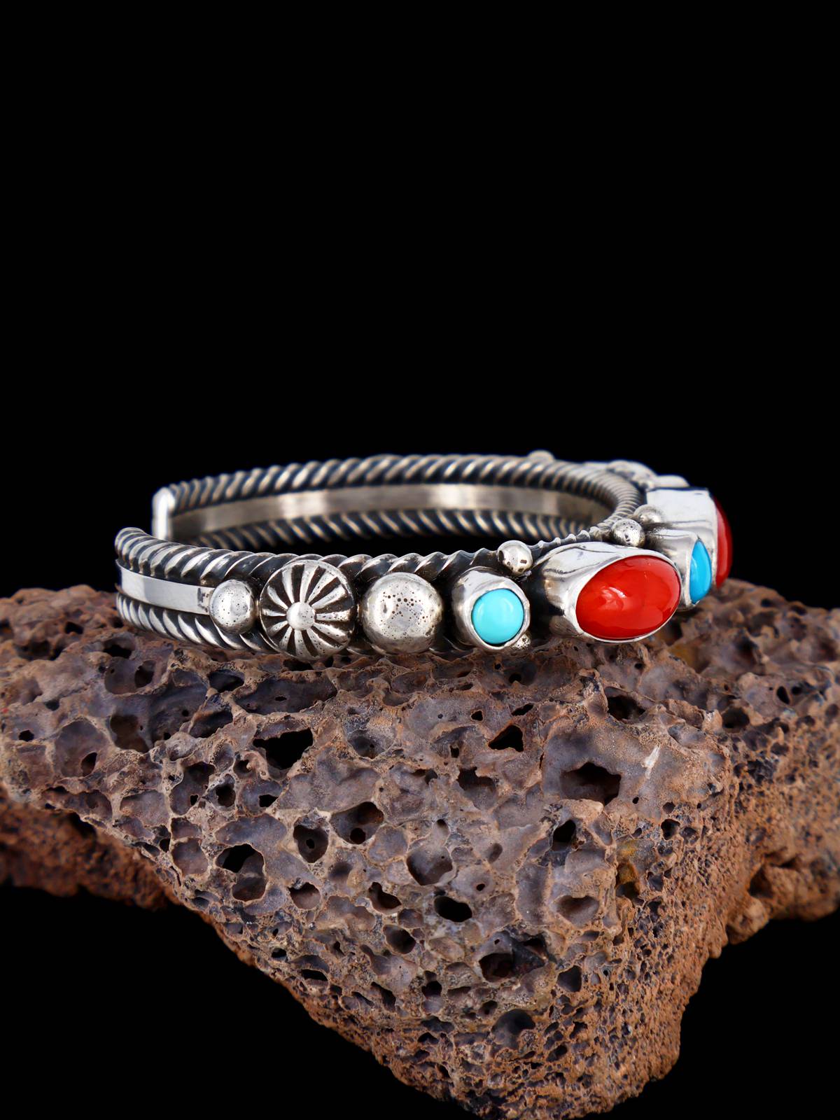 Navajo Sterling Silver Jewelry Turquoise and Coral Cuff Bracelet