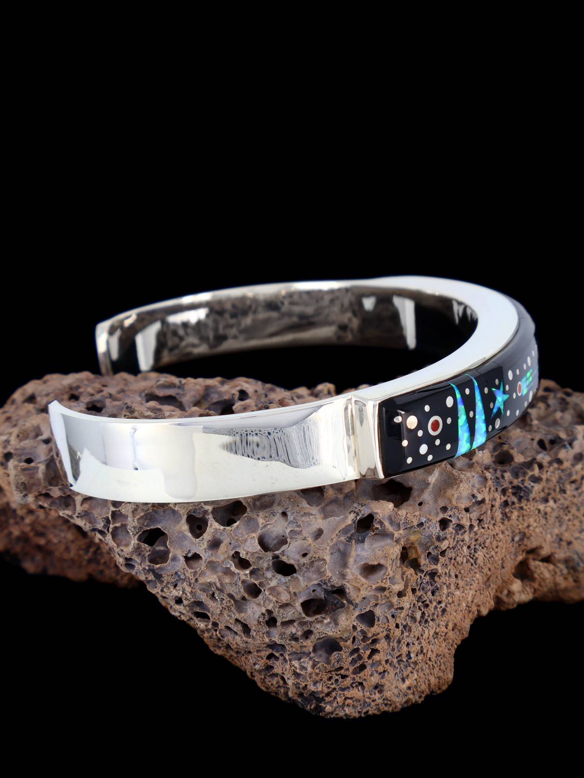 Navajo Sterling Silver Black Jade Night Sky Inlay Bracelet