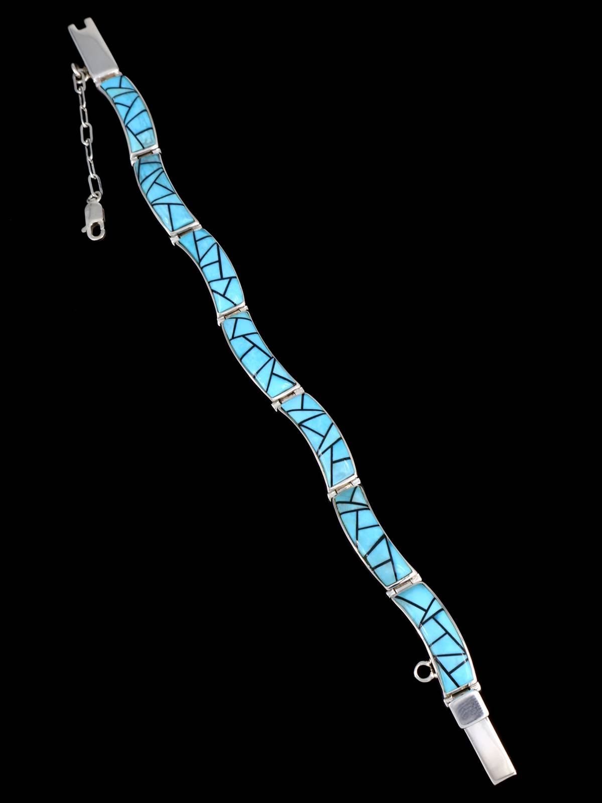 Native American Sterling Silver Turquoise and Jet Inlay Link Bracelet