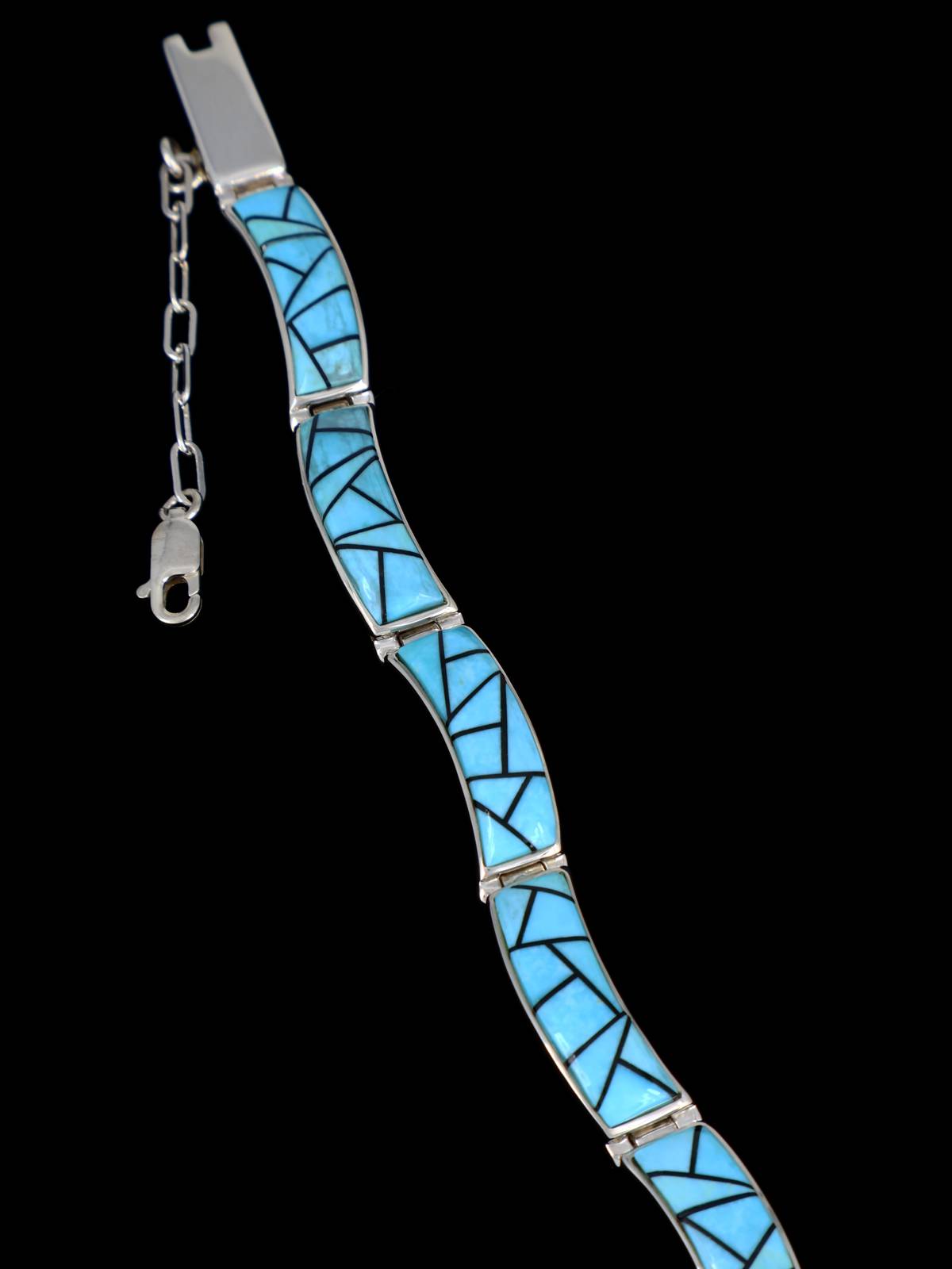 Native American Sterling Silver Turquoise and Jet Inlay Link Bracelet