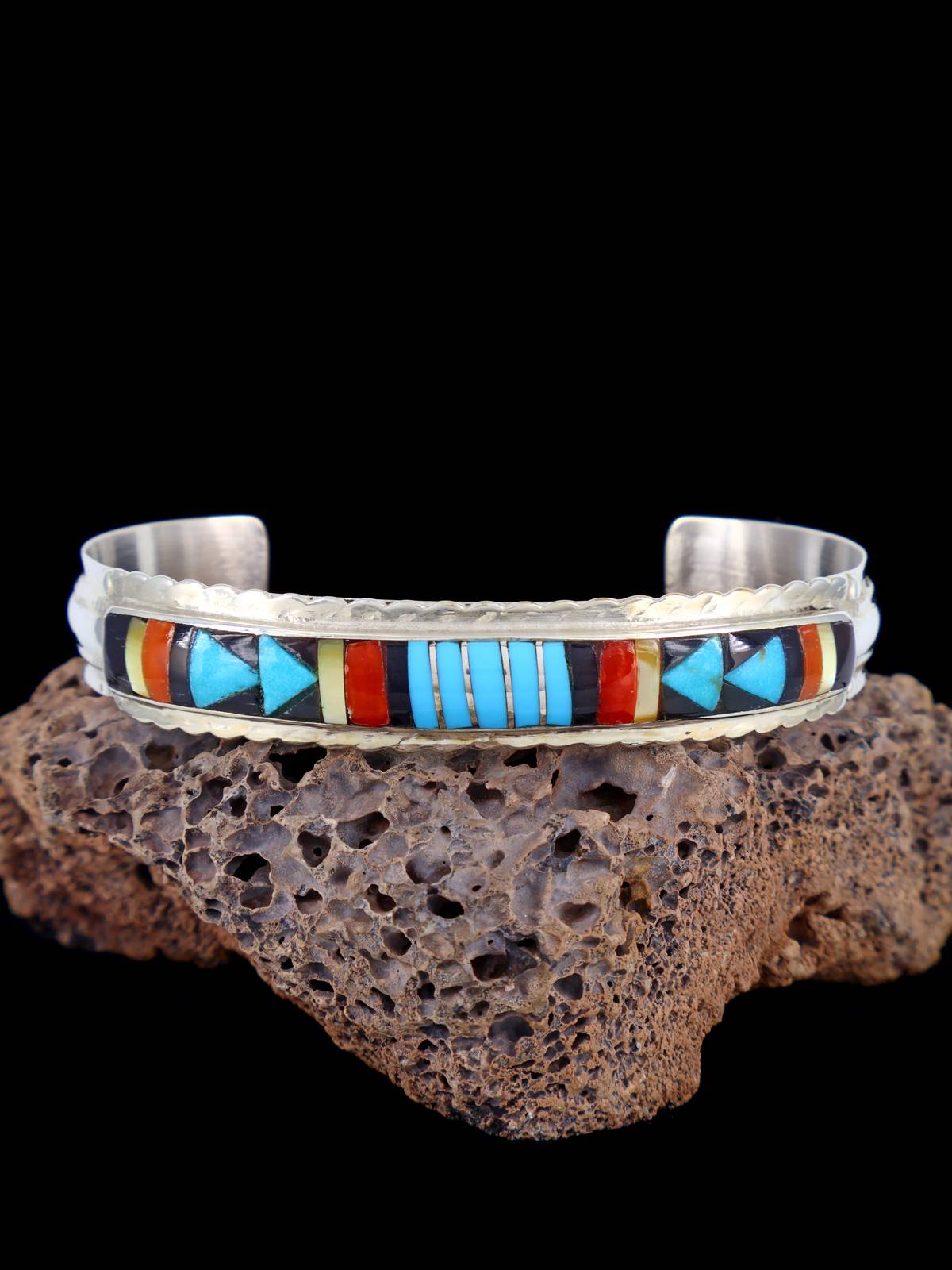 Native American Jewelry Zuni Turquoise Inlay Cuff Bracelet