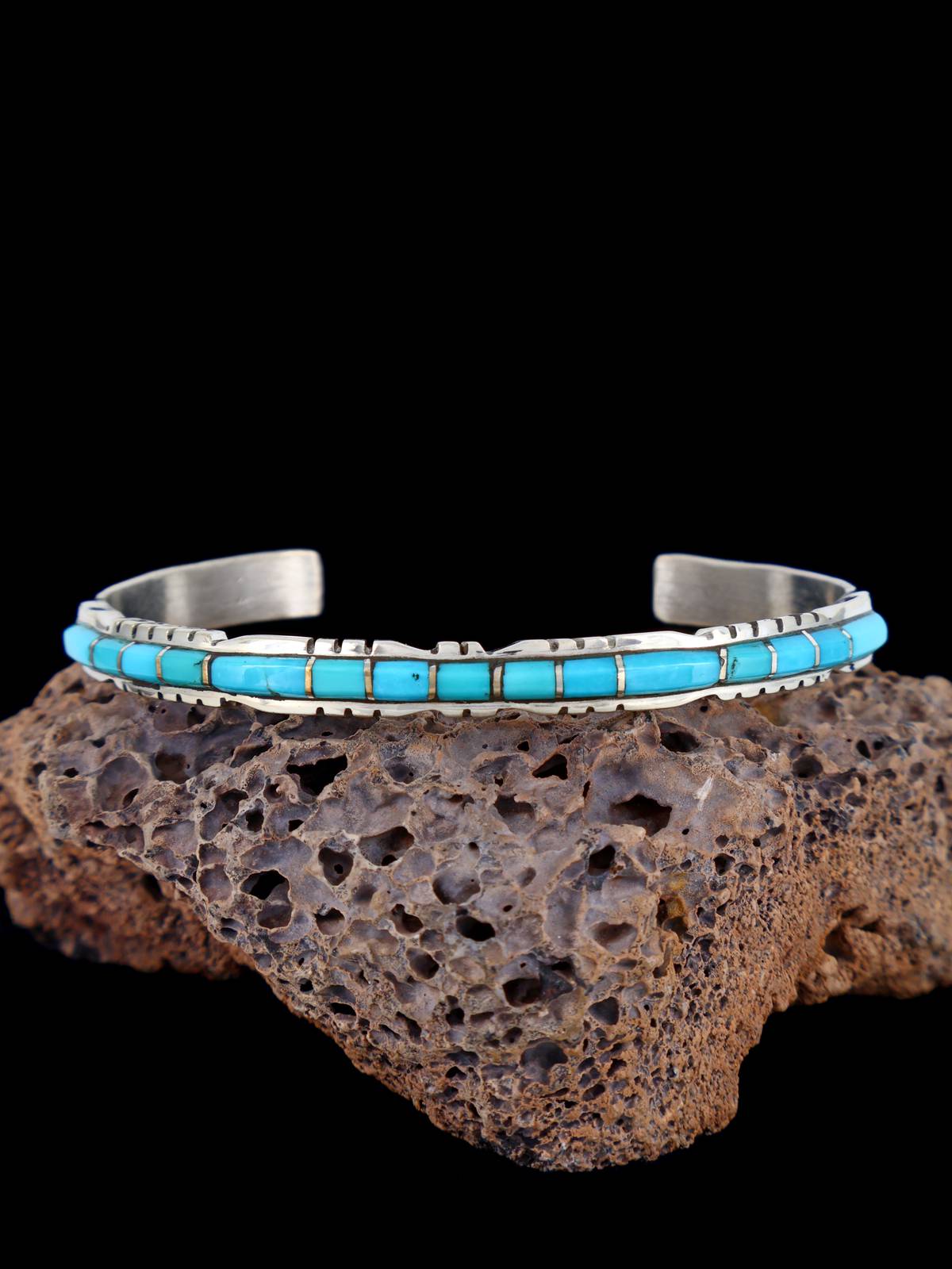 Single Row Sterling Silver Zuni Turquoise Inlay Bracelet