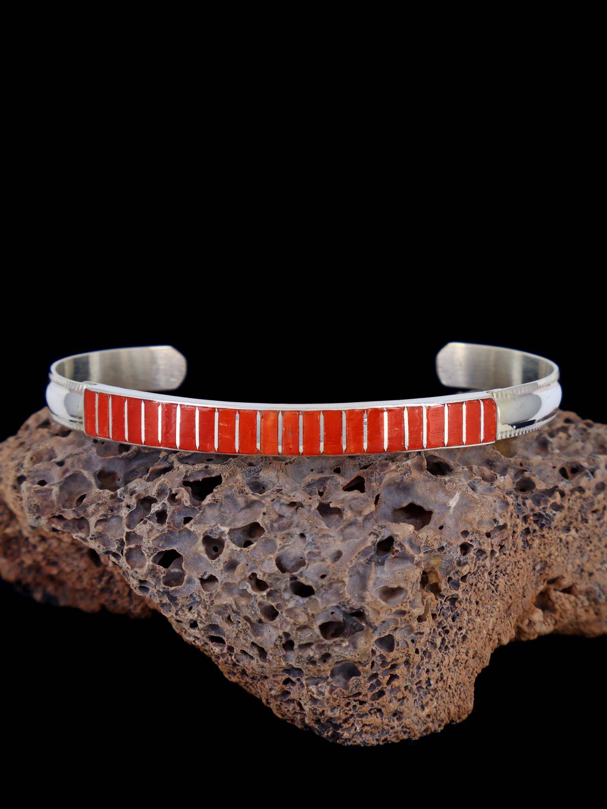 Native American Jewelry Zuni Coral Inlay Cuff Bracelet - PuebloDirect.com