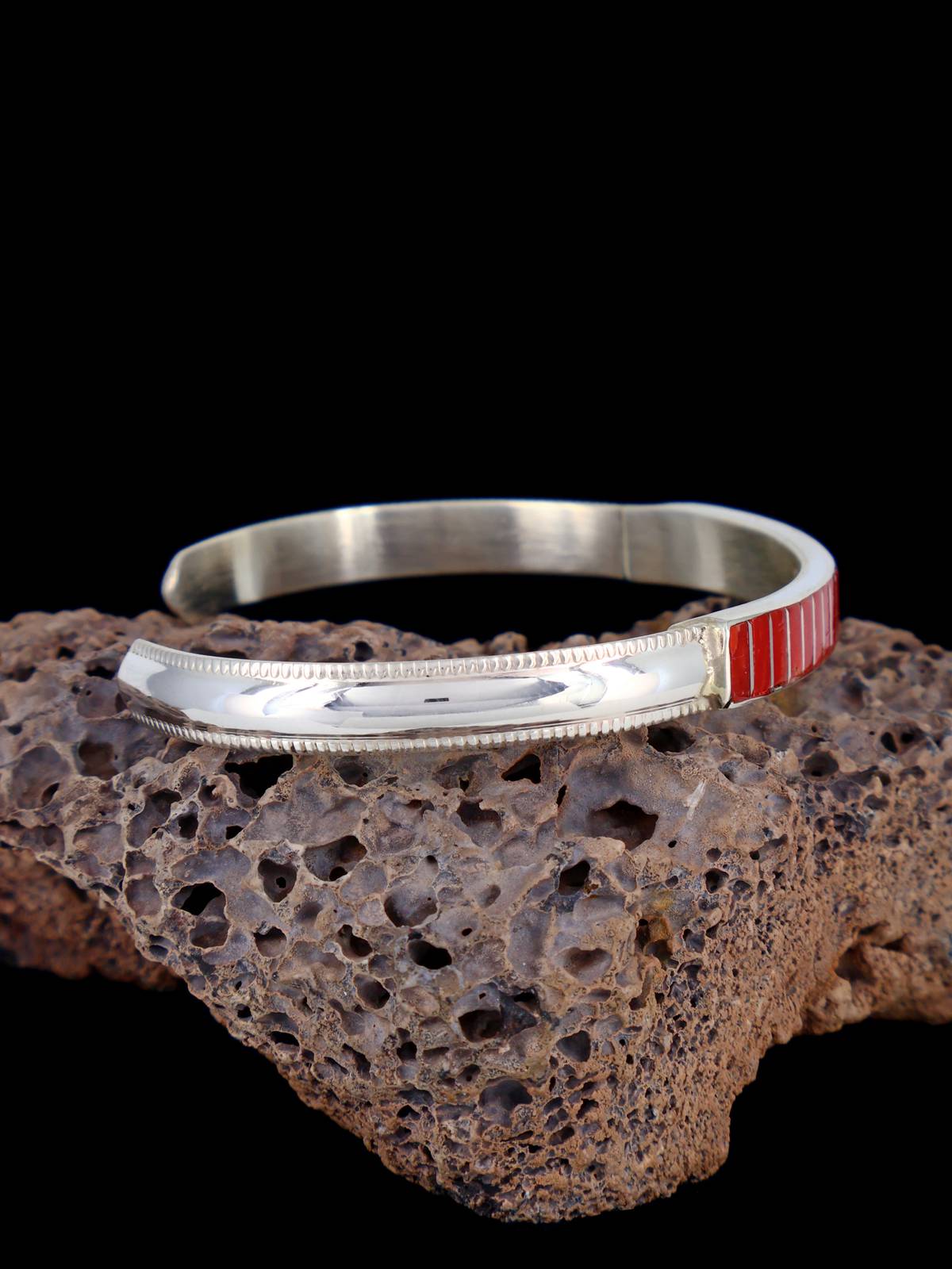 Native American Jewelry Zuni Coral Inlay Cuff Bracelet - PuebloDirect.com