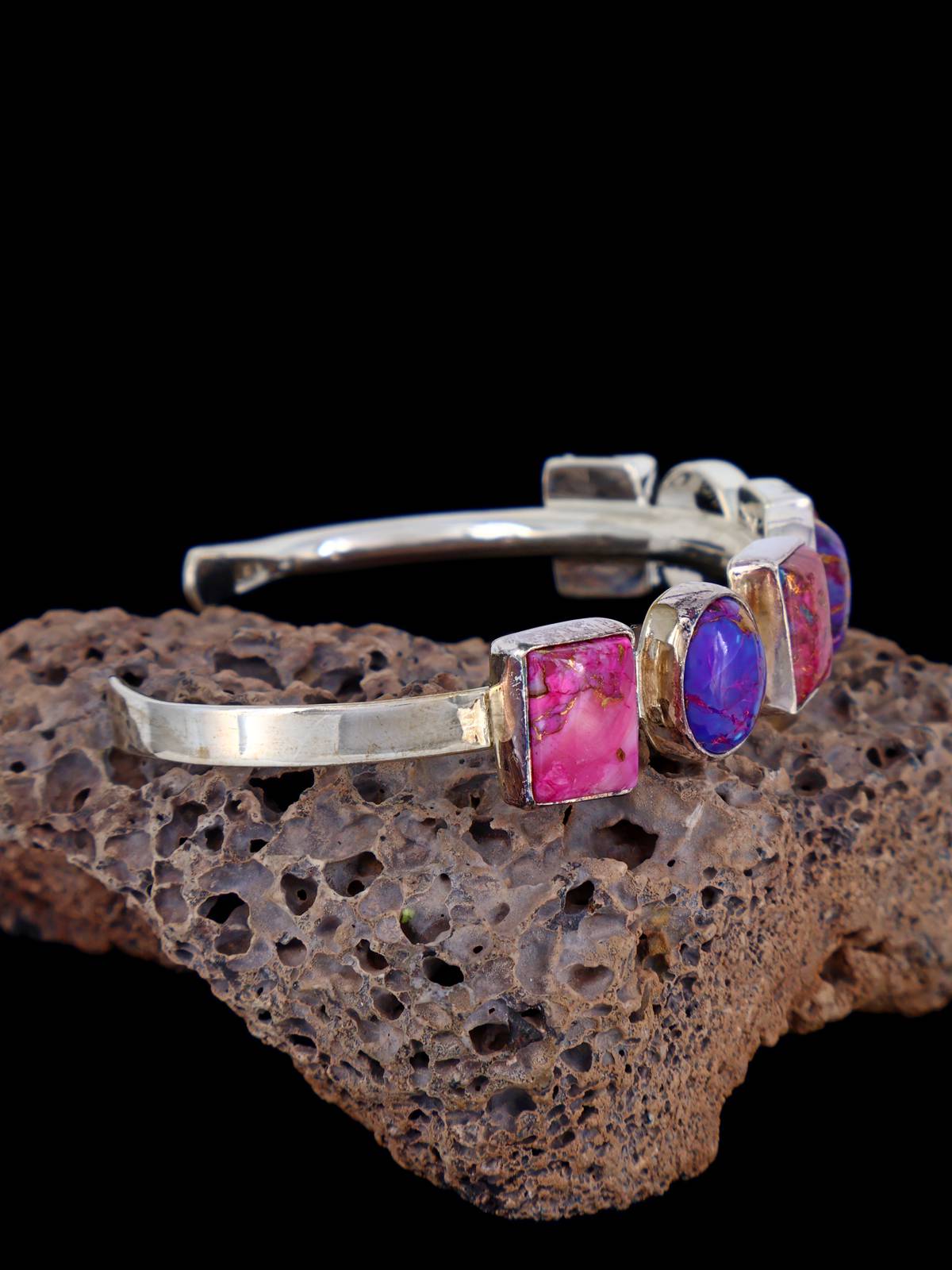 Navajo Compressed Turquoise and Spiny Oyster Sterling Silver Cuff Bracelet - PuebloDirect.com
