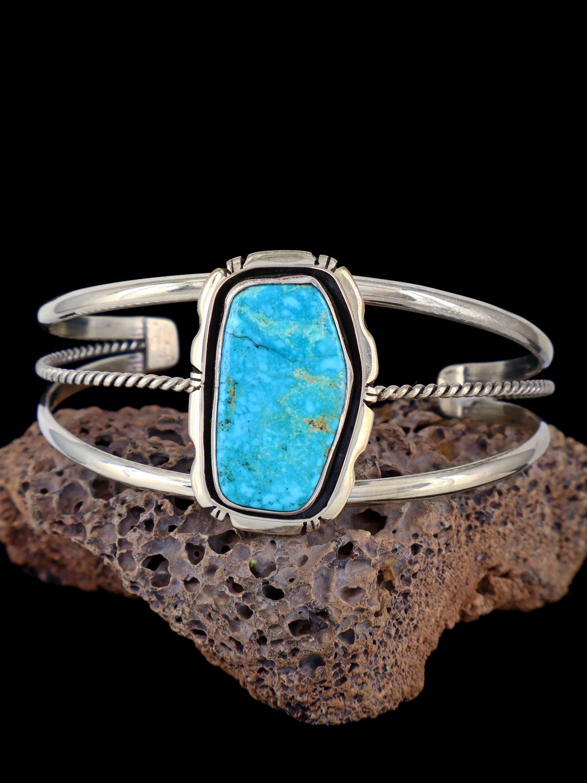 Navajo Jewelry Sterling Silver Turquoise Cuff Bracelet - PuebloDirect.com