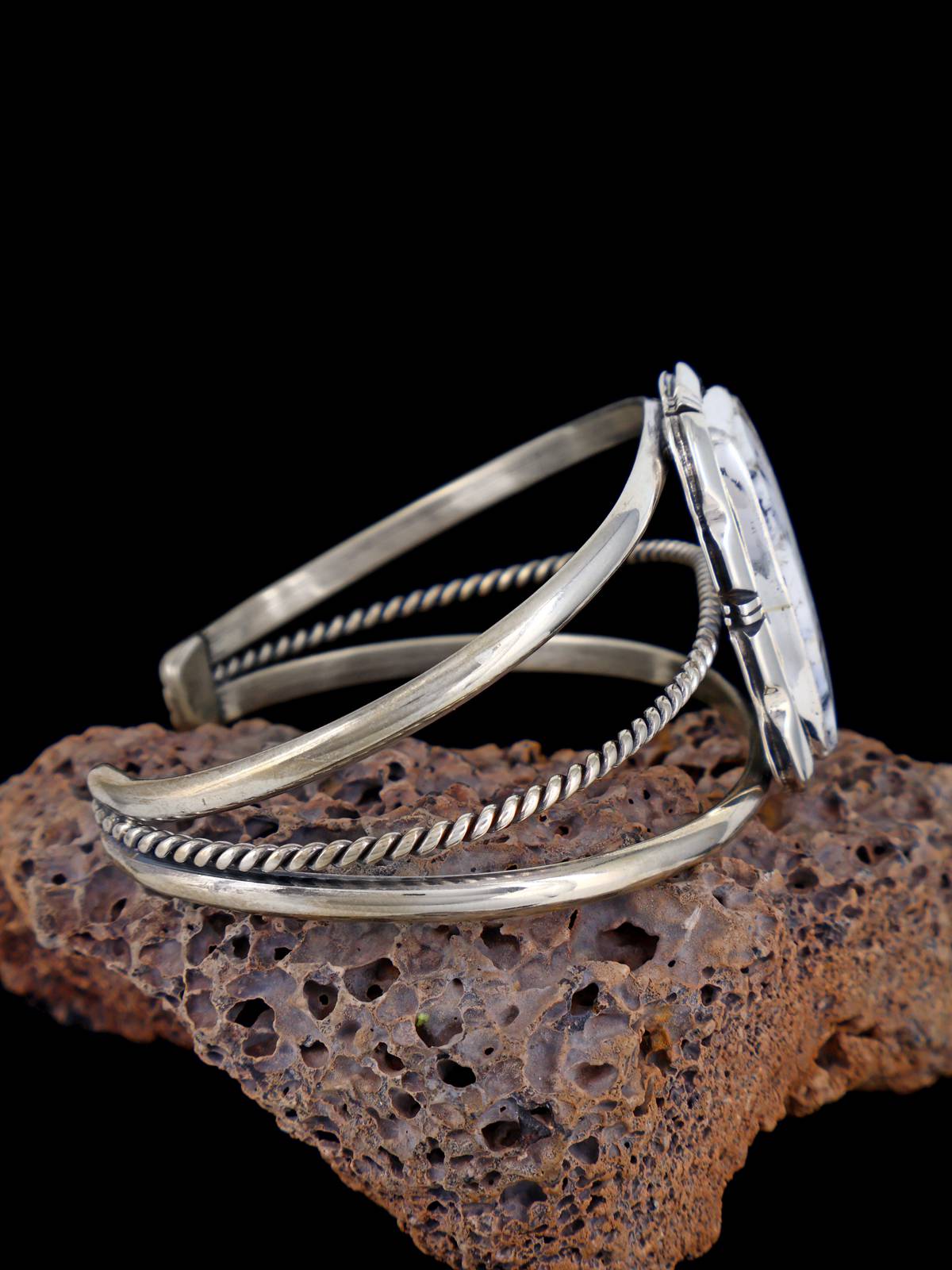 Navajo Jewelry Sterling Silver White Buffalo Cuff Bracelet - PuebloDirect.com
