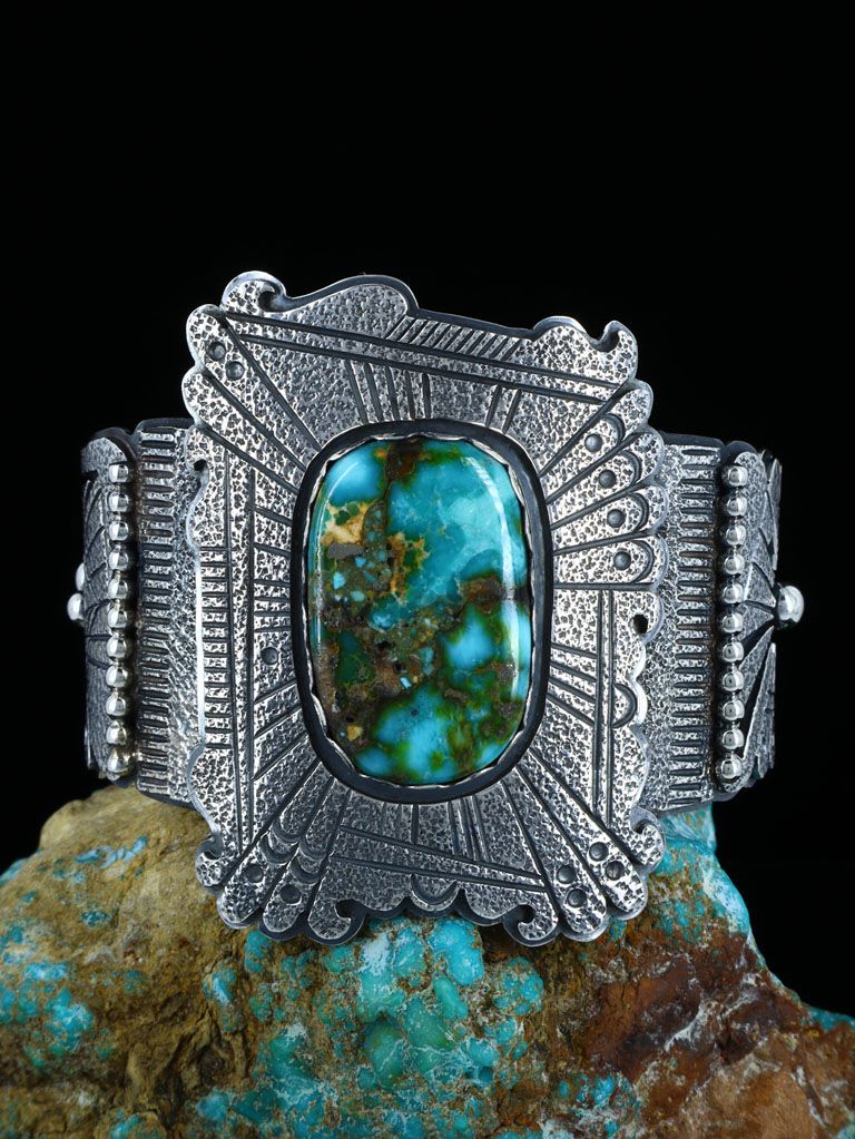 Native American Jewelry Sterling Silver Kingman Turquoise Bracelet - PuebloDirect.com