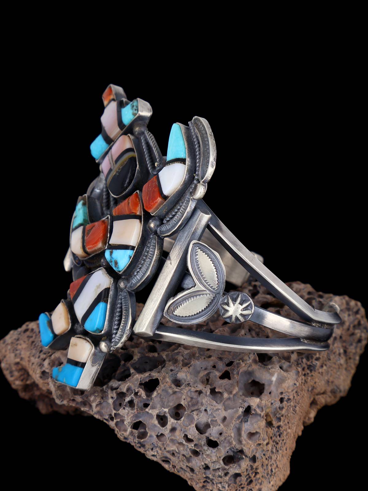 Native American Sterling Silver Vintage Zuni Inlay Turquoise Bracelet - PuebloDirect.com