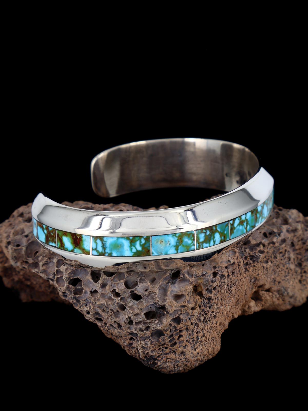 Zuni Inlay Heavy Sterling Silver Kingman Turquoise Cuff Bracelet - PuebloDirect.com
