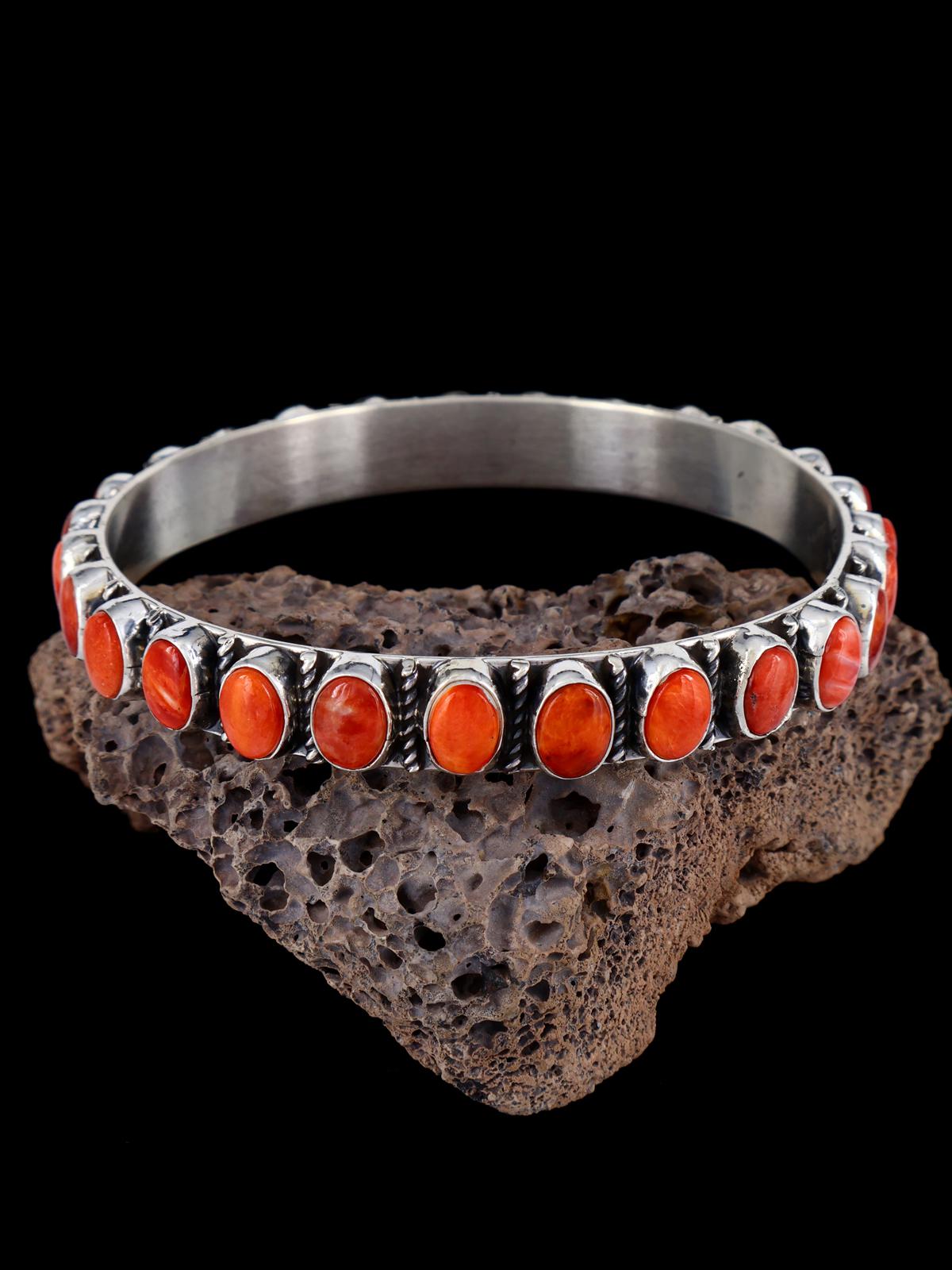 Native American Sterling Silver Spiny Oyster Bangle Bracelet - PuebloDirect.com