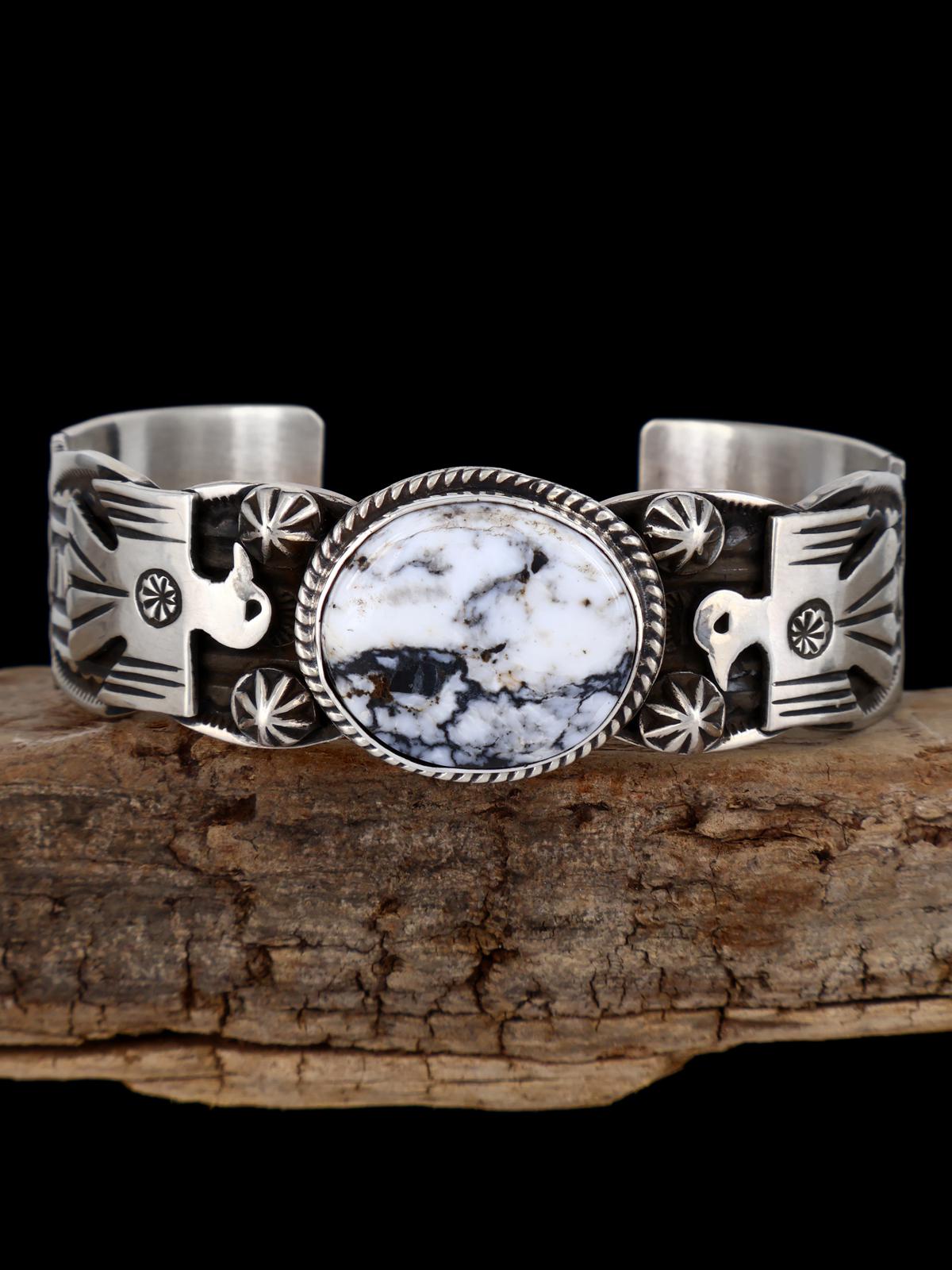Navajo Jewelry Sterling Silver White Buffalo Thunderbird Bracelet - PuebloDirect.com