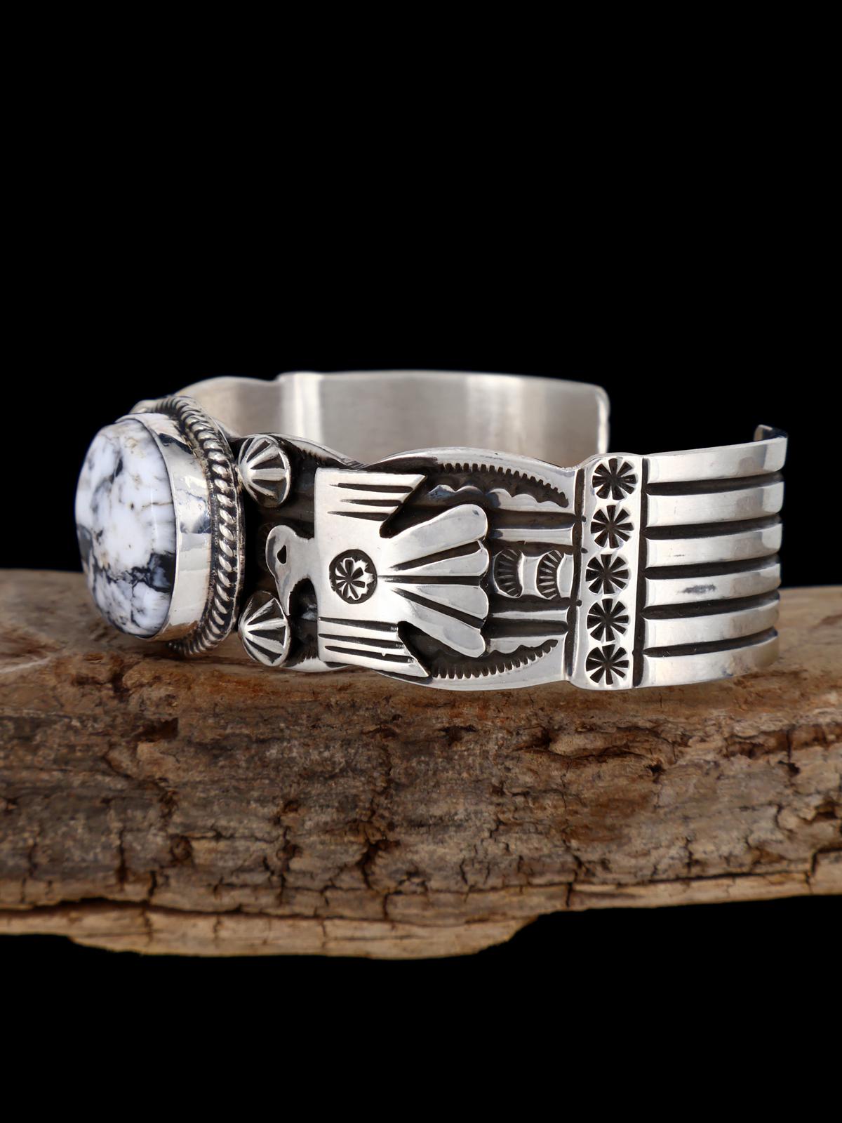 Navajo Jewelry Sterling Silver White Buffalo Thunderbird Bracelet - PuebloDirect.com