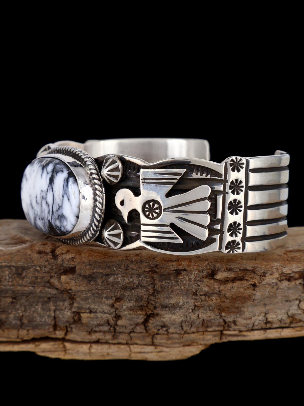 Navajo Jewelry Sterling Silver White Buffalo Thunderbird Bracelet - PuebloDirect.com