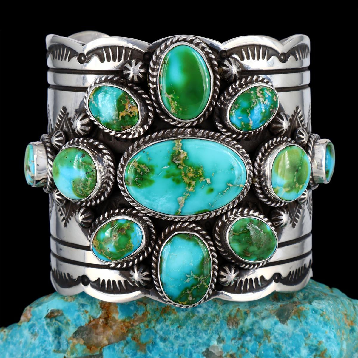 Navajo Sterling Silver Sonoran Gold Turquoise Cuff Bracelet 