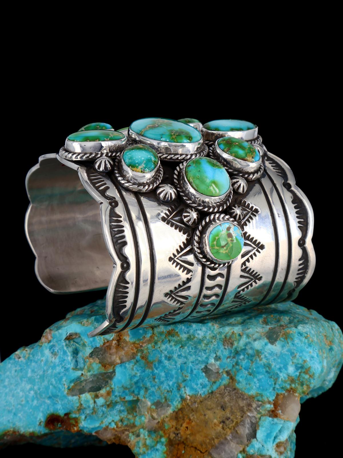 Bracelet manchette amérindien en argent sterling avec pierres précieuses bleues et turquoise