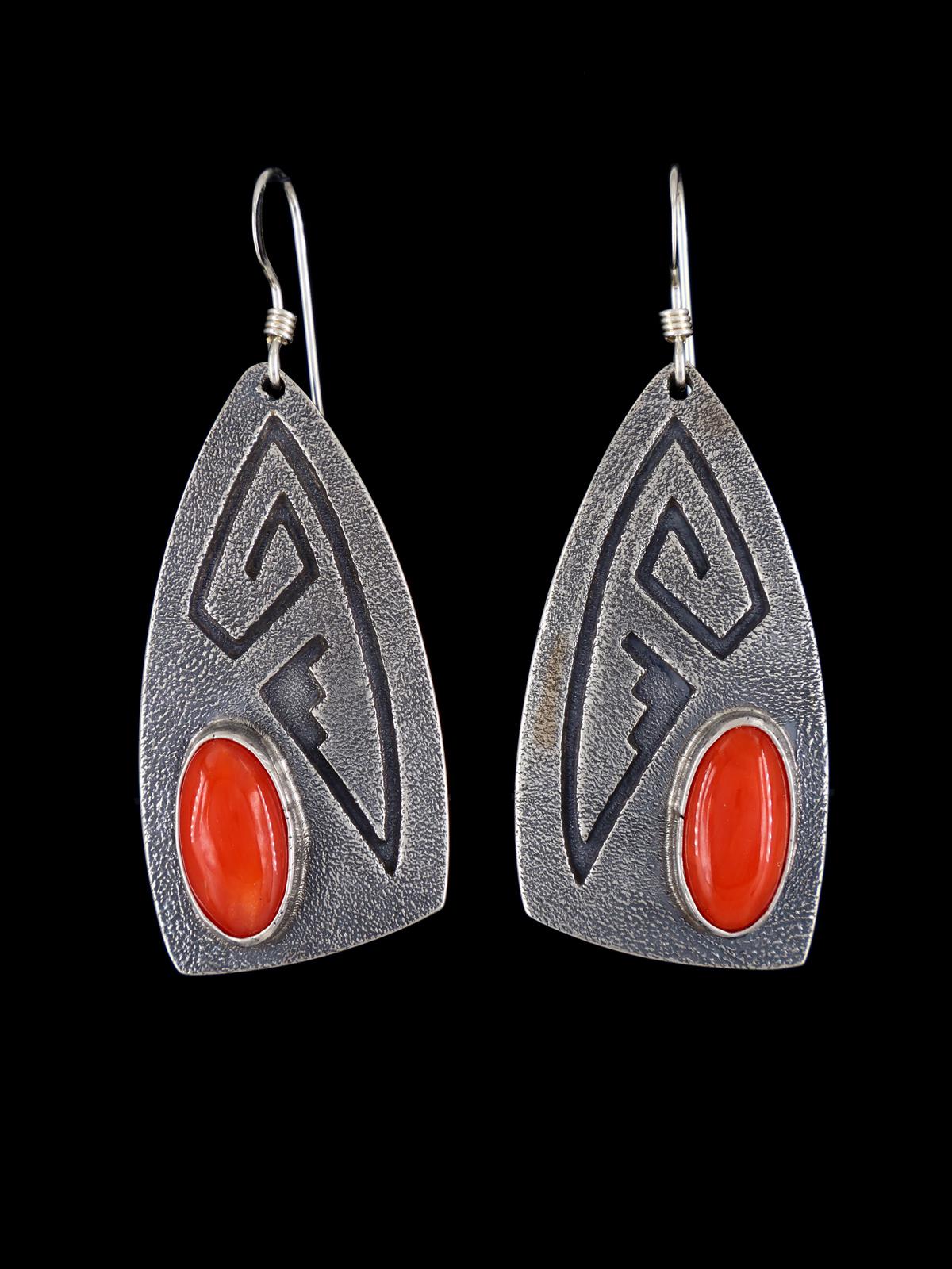 Navajo Coral Sterling Silver Overlay Dangle Earrings
