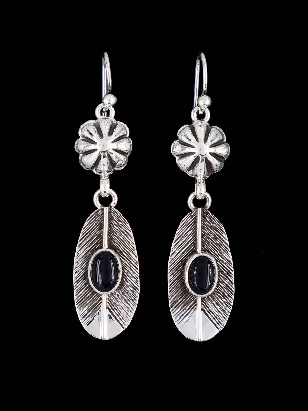 Native American Onyx Feather Sterling Silver Dangle Earrings - PuebloDirect.com