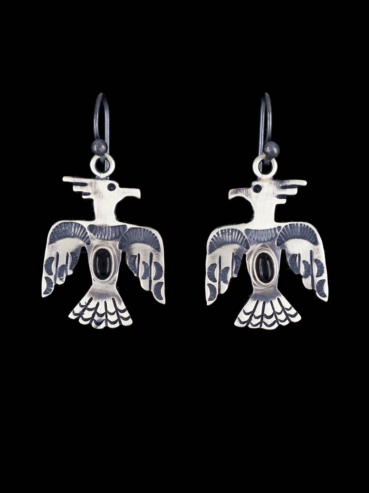 Navajo Onyx Sterling Silver Dangle Thunderbird Earrings - PuebloDirect.com
